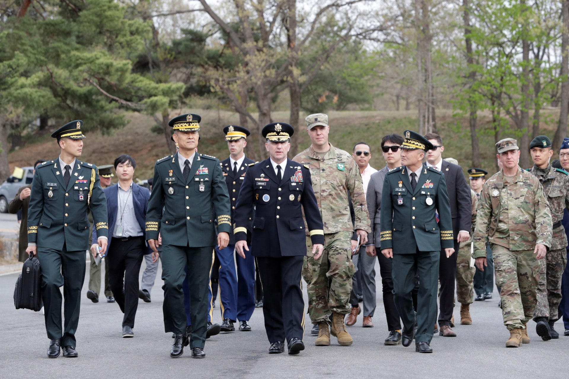 <p>U.S. General Robert Abrams, commander of U.S. Forces Korea, United Nations Command, and Combined Forces Command, arrives at the Demilitarized Zone to mark the Panmunjom Declaration’s first anniversary on April 27, 2019.</p>
