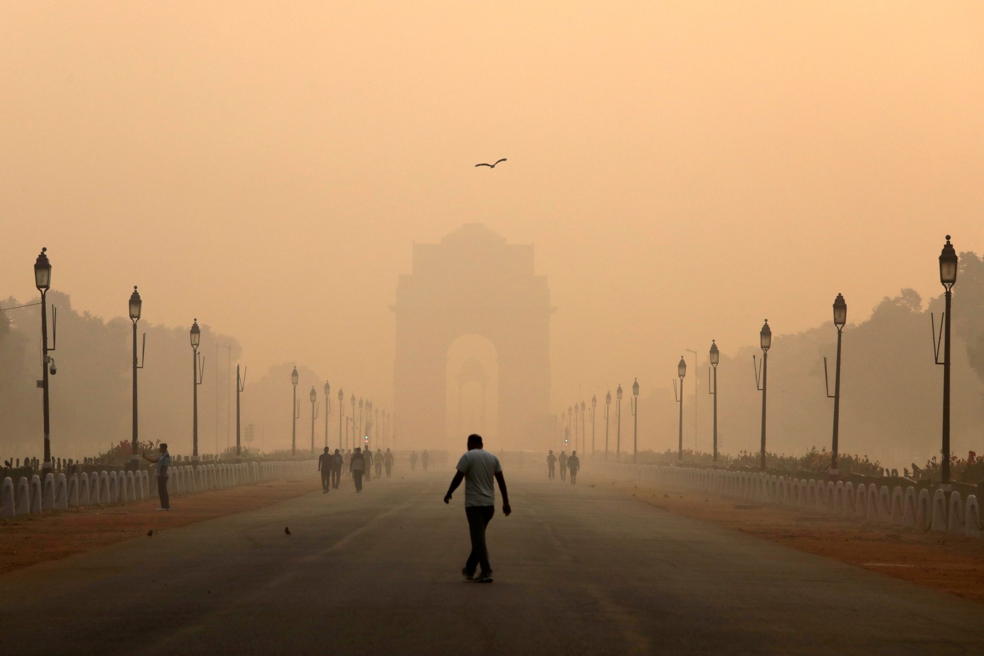<p>A man walks in front of the India Gate shrouded in smog in New Delhi on October 29, 2018</p>
