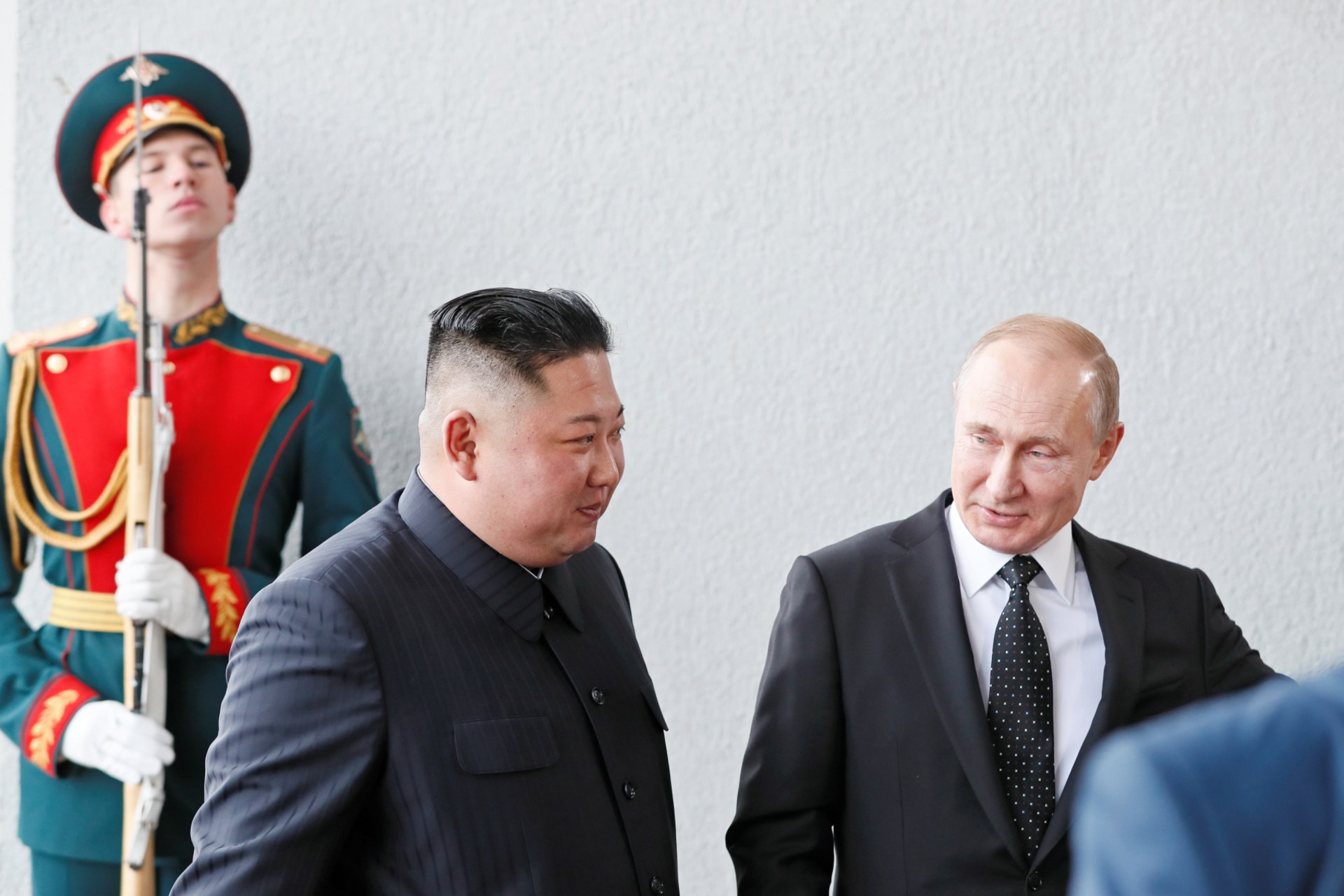 <p>Russian President Vladimir Putin walks with North Korean leader Kim Jong-un in Vladivostok, Russia.</p>