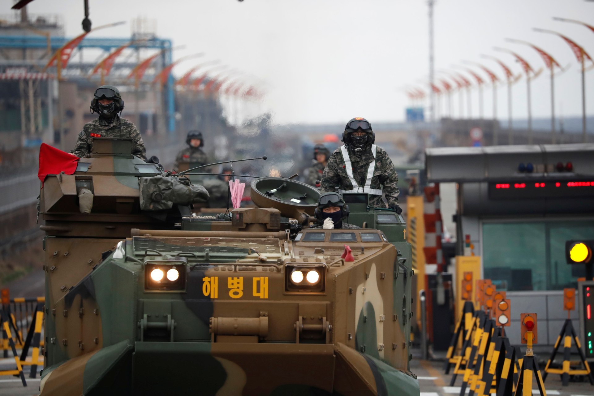 <p>South Korean Marine Corps amphibious assault vehicles travel during the annual Foal Eagle joint U.S.-ROK military training in Pohang, South Korea on April 5, 2018.</p>