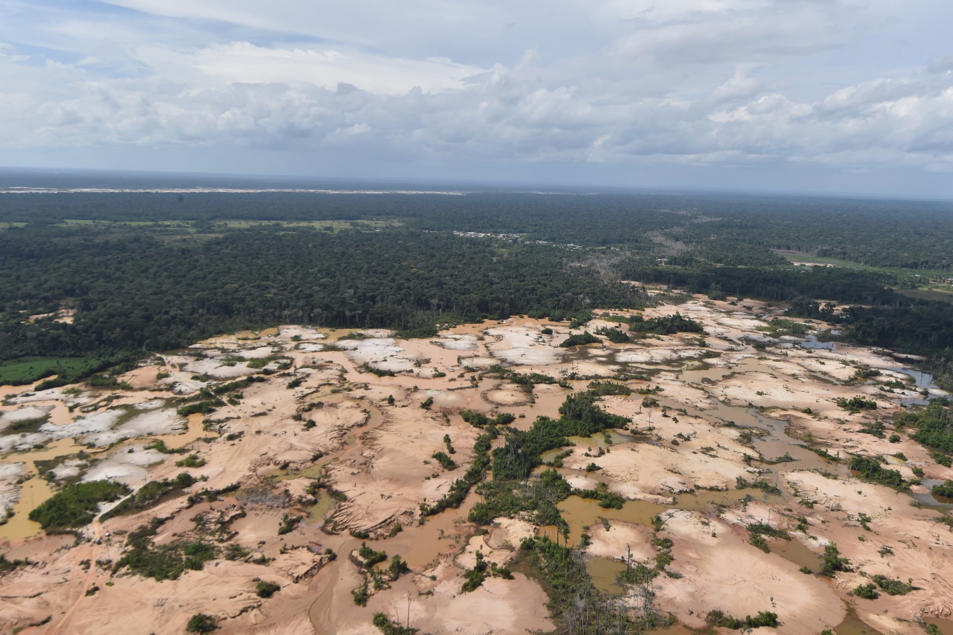 <p>An aerial view shows a deforested area of the Amazon jungle in southeast Peru caused by illegal mining during a police operation to destroy illegal machinery and equipment used by wildcat miners in Madre de Dios, Peru, February 19, 2019. </p>