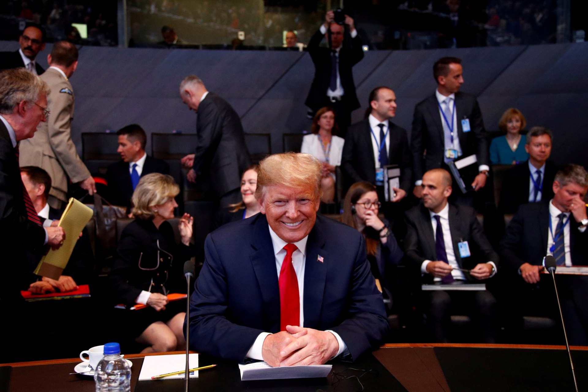 <p>U.S. President Donald J. Trump attends a meeting of the North Atlantic Council during a NATO summit in Brussels, Belgium, July 11, 2018. </p>
