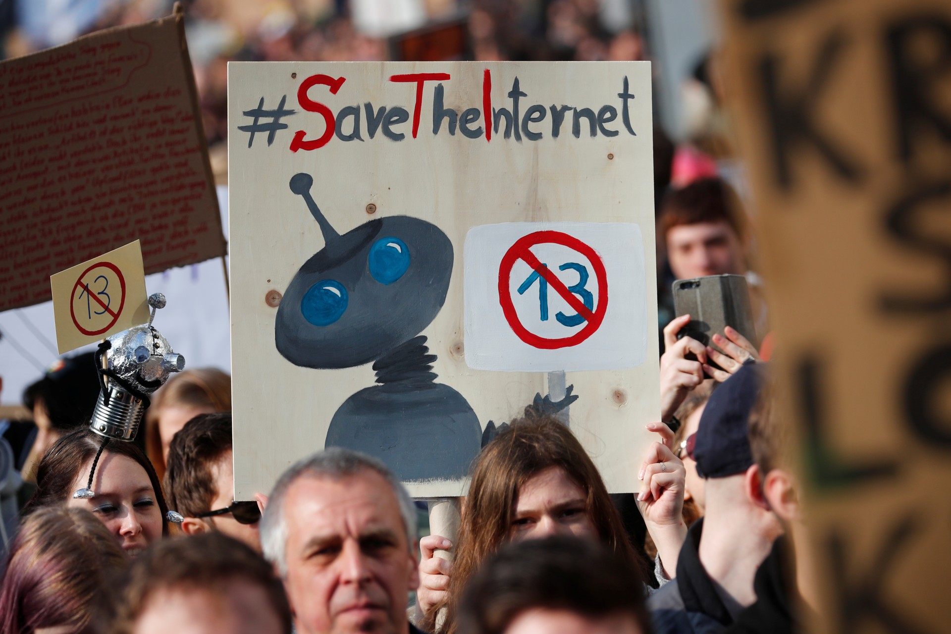 <p>People protest against the planned EU copyright reform in Berlin, Germany March 23, 2019. </p>
