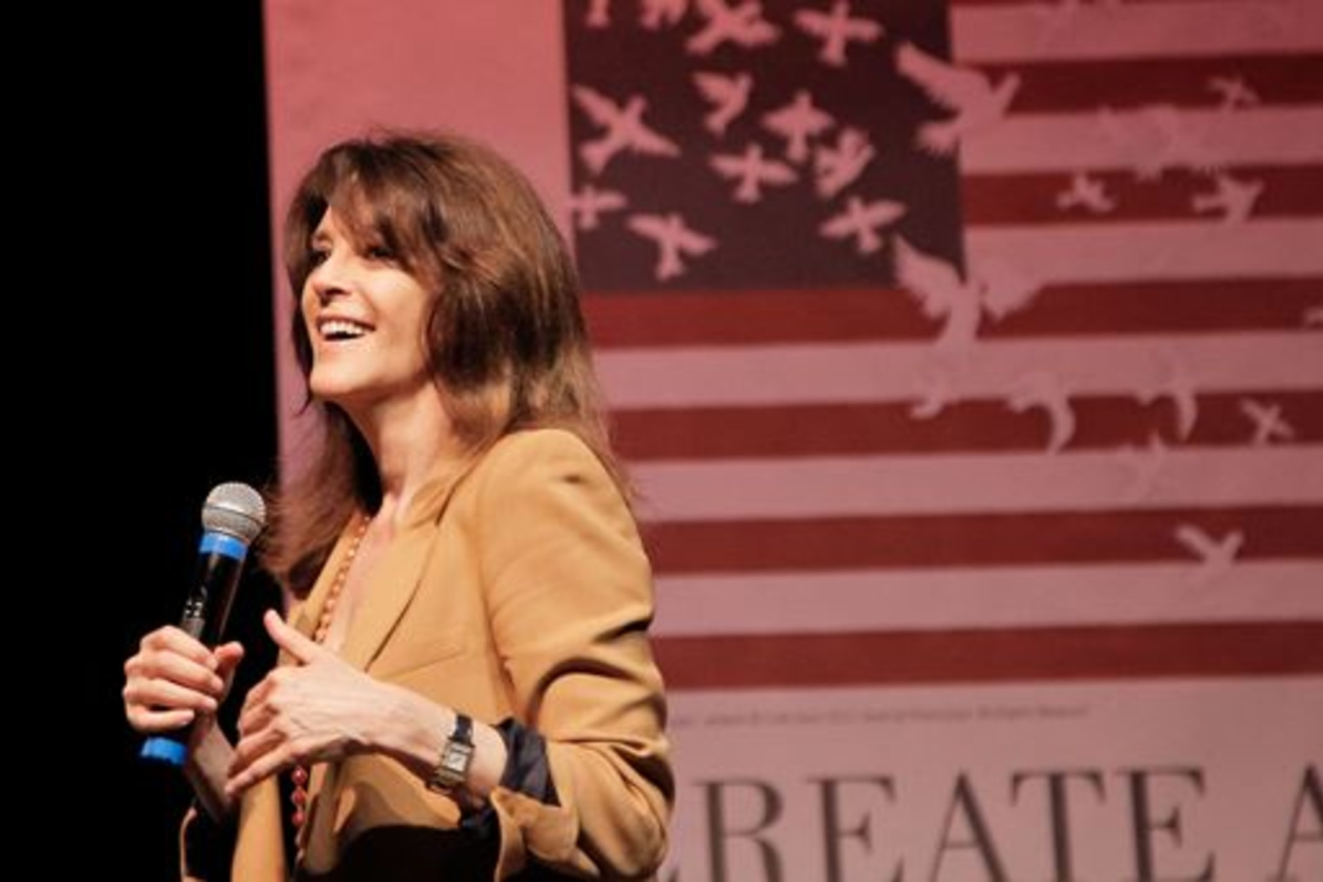 <p>Marianne Williamson speaks at a rally in Santa Monica, California. </p>
