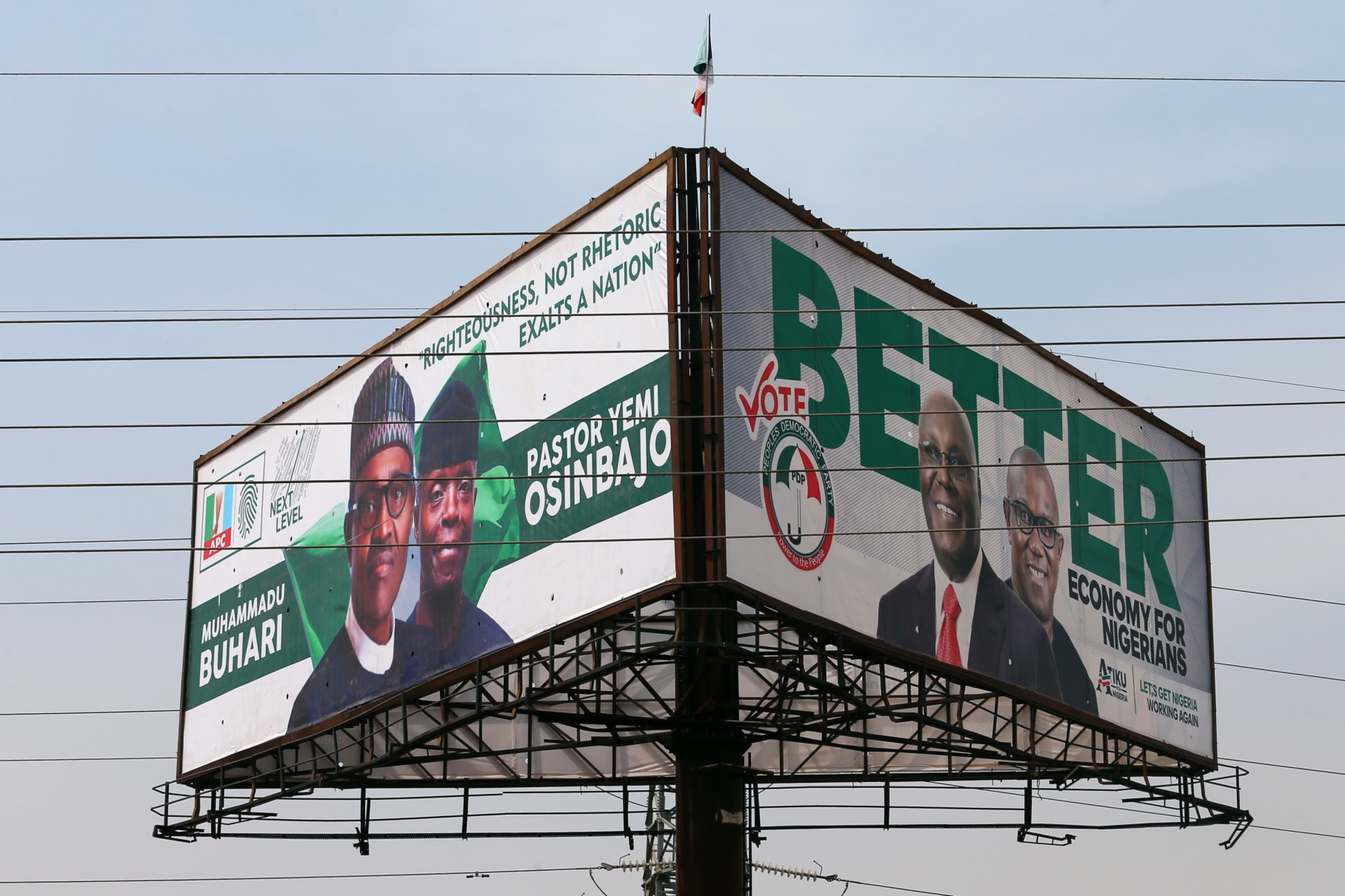 <p>Campaign billboards with Nigeria’s President Muhammadu Buhari with Vice President Yemi Osinbajo, and Nigeria’s main opposition party presidential candidate Atiku Abubakar with his running mate, Peter Obi, in Abuja, Nigeria, on February 5, 2019.</p>