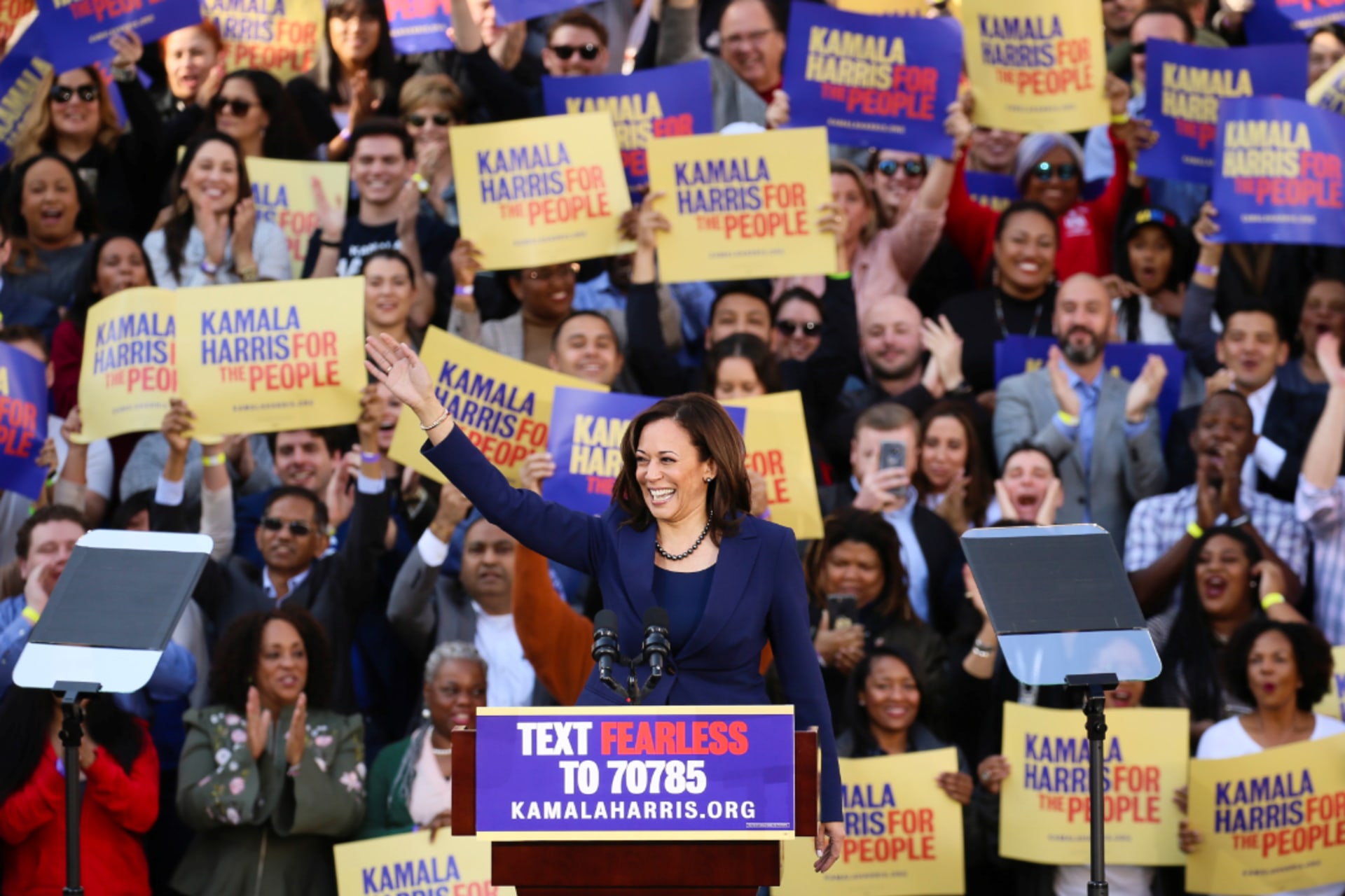 <p>Kamala Harris launches her campaign at a rally at Frank H. Ogawa Plaza in her hometown of Oakland, California, January 27, 2019</p>