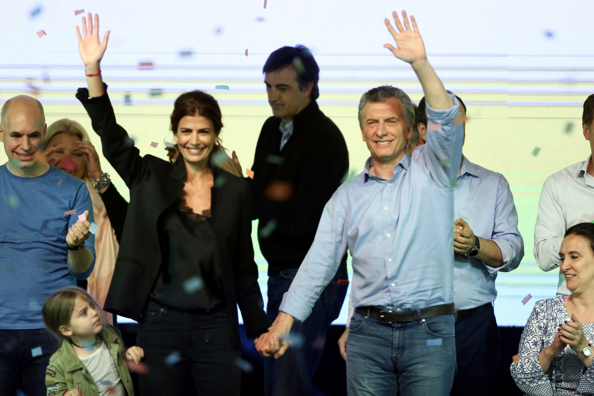 <p>Argentina’s President Macri, Fisrt Lady Awada and their daughter celebrate at their campaign headquarters…</p>