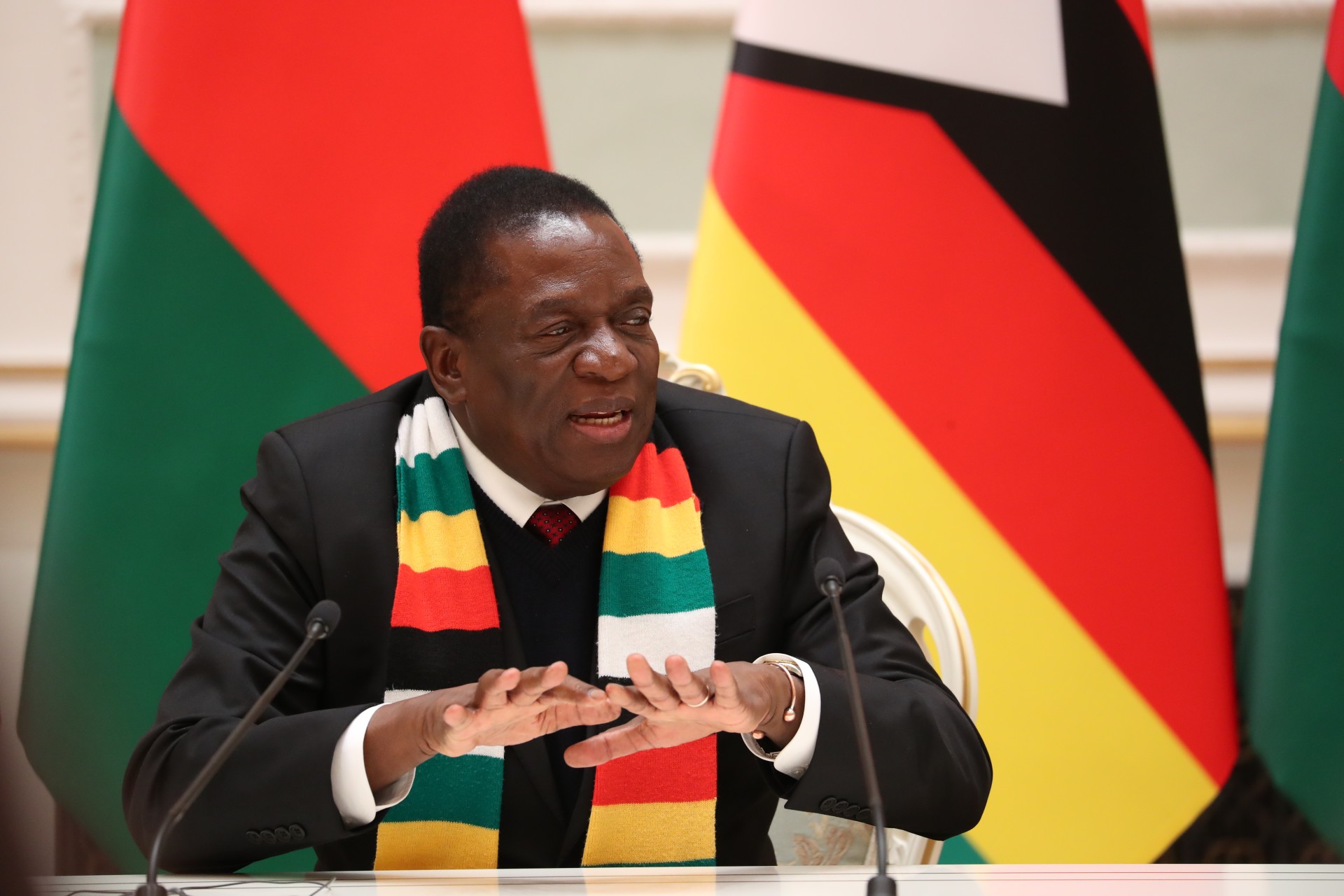 <p>Zimbabwe’s President Emmerson Mnangagwa speaks during his meeting with Belarussian President Alexander Lukashenko (not pictured) in Minsk, Belarus January 17, 2019.</p>
