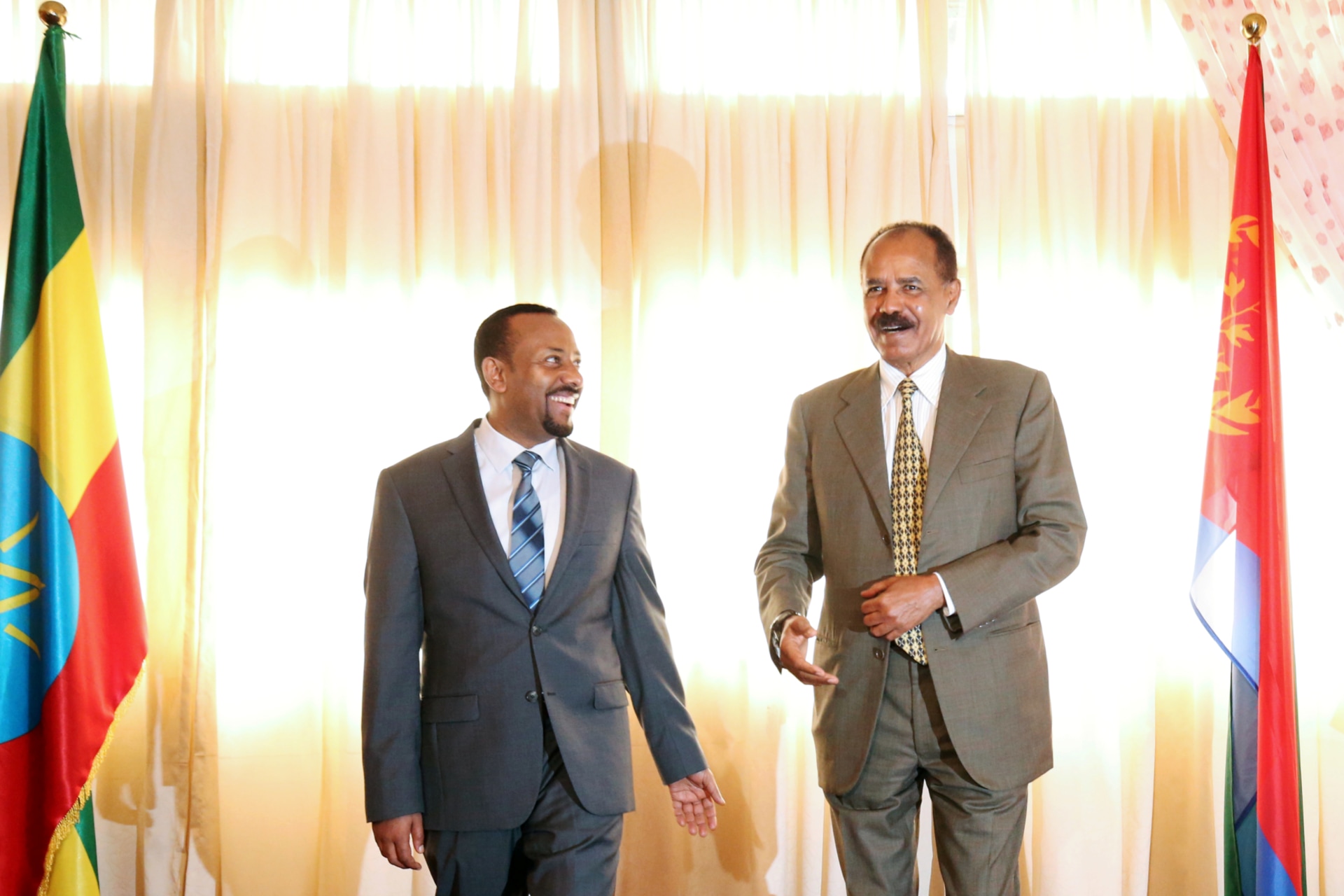 <p>President Isaias Afwerki of Eritrea and Prime Minister Abiy Ahmed of Ethiopia during the inauguration ceremony marking the reopening of the Eritrean embassy in Addis Ababa, Ethiopia, on July 16, 2018. </p>
