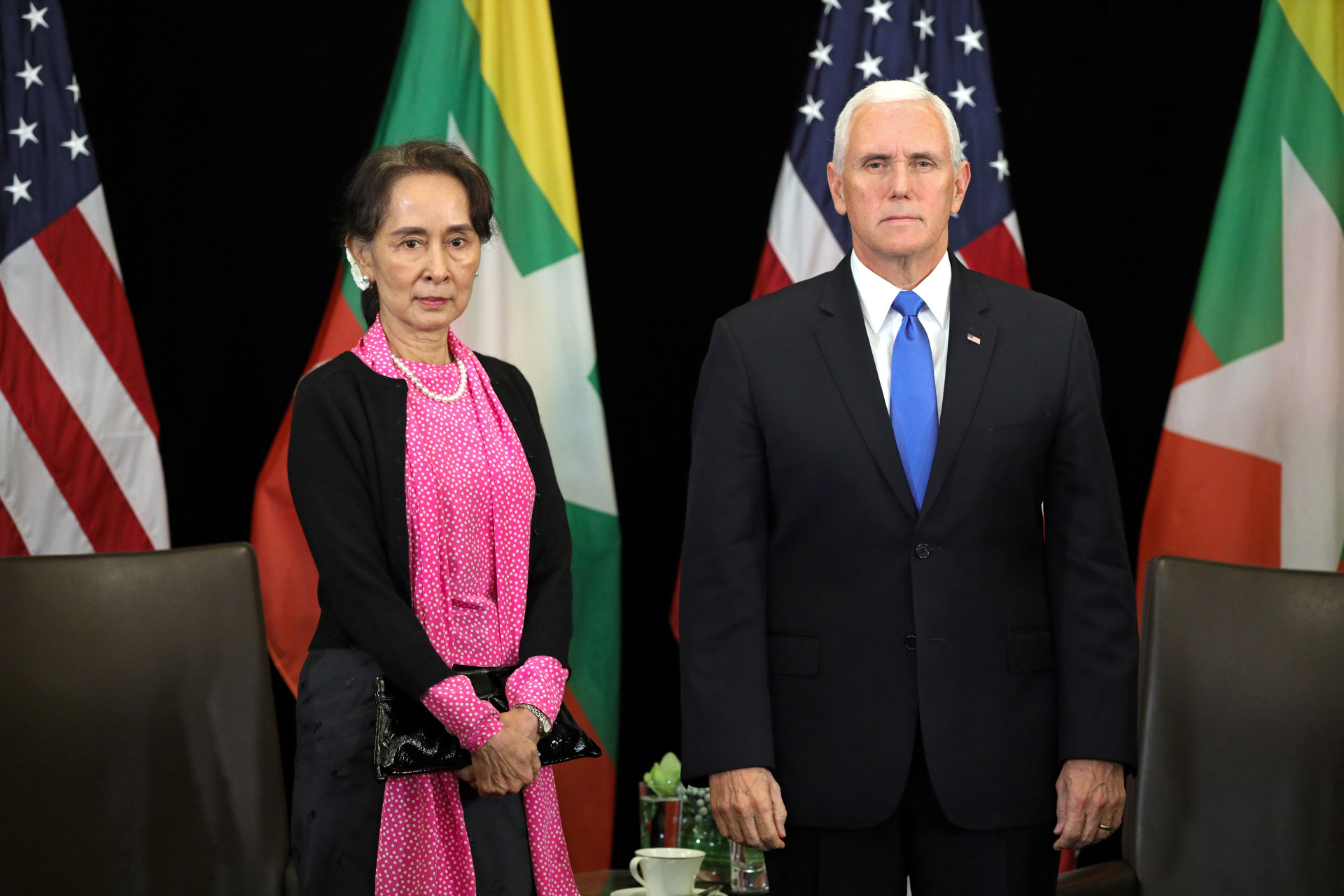 <p>Myanmar’s State Counsellor Aung San Suu Kyi and U.S. Vice President Mike Pence hold a bilateral meeting in Singapore, November 14, 2018. </p>
