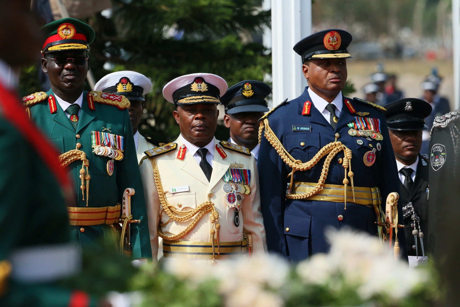 <p>Chiefs of army staff, navy and air forces seen at the wreath laying ceremony during the 2018 Armed Forces Remembrance Day celebration in Abuja, Nigeria, on January 15, 2018.</p>
