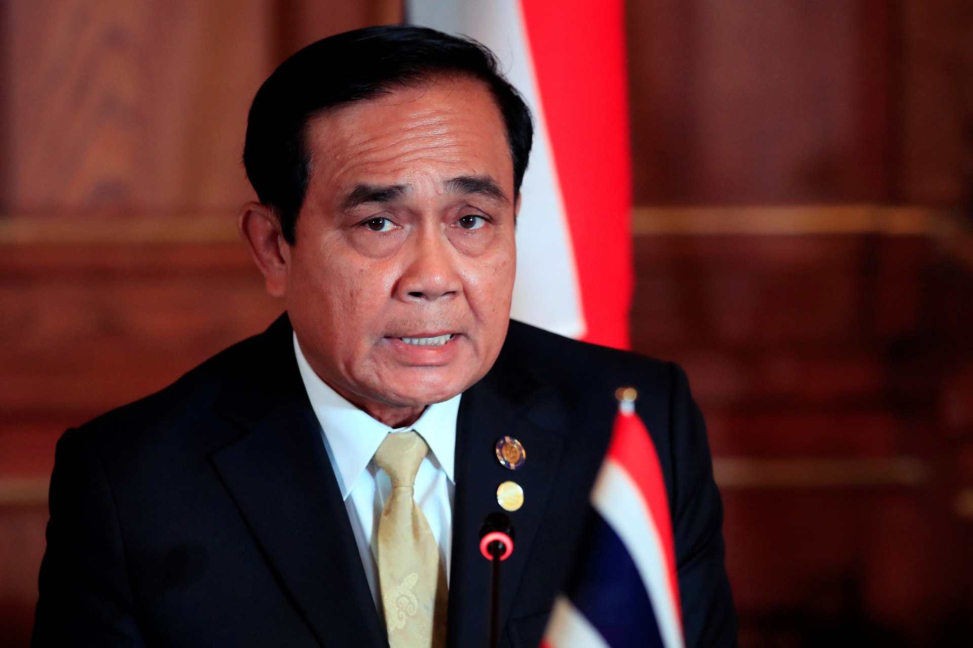 <p>Thailand’s Prime Minister Prayuth Chan-ocha attends the joint news conference of the Japan-Mekong Summit Meeting at the Akasaka Palace State Guest House in Tokyo, Japan on October 9, 2018.</p>
