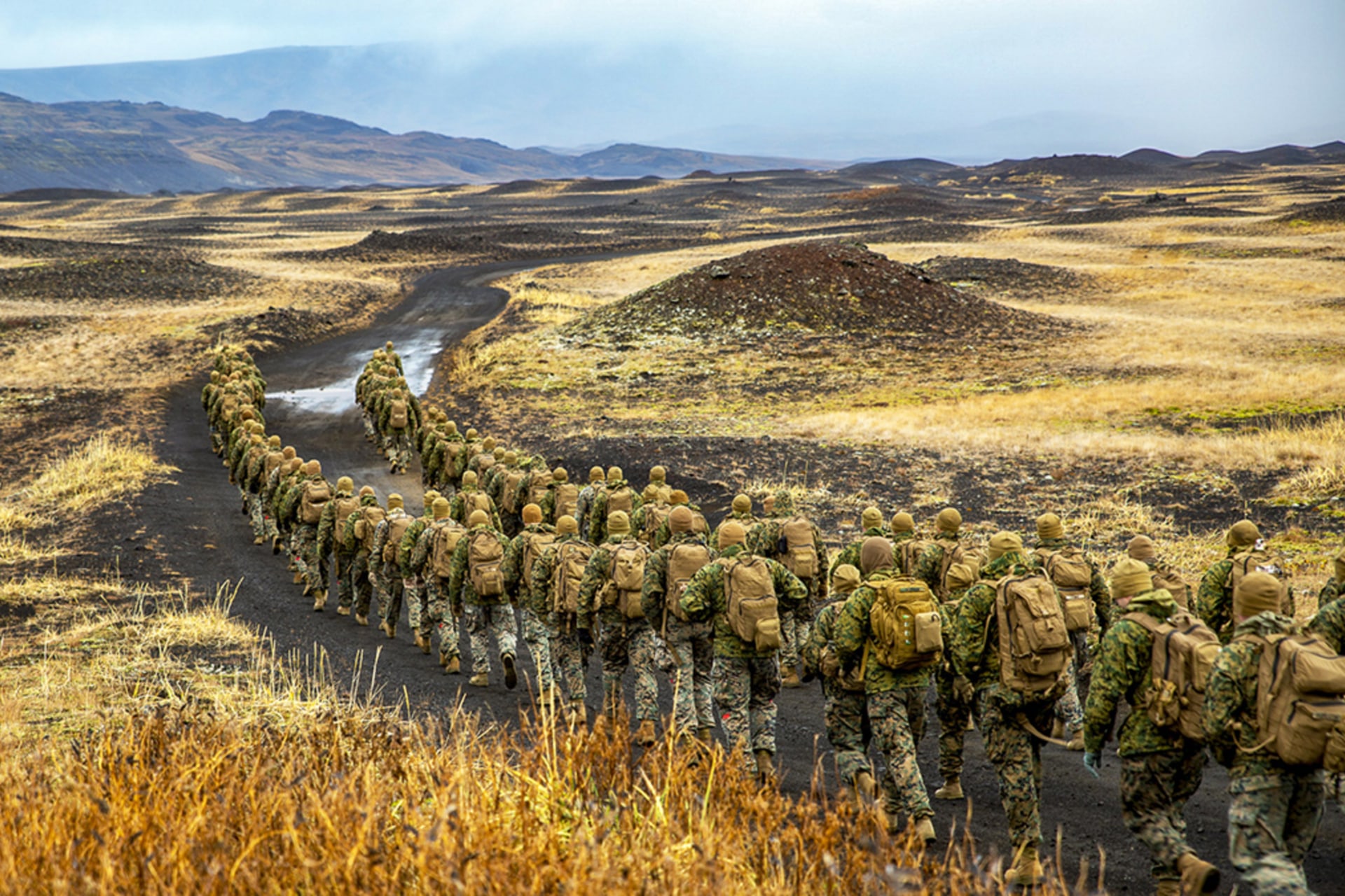 <p>U.S. Marines hike to a cold-weather training site in Iceland, Oct. 19, 2018.</p>
