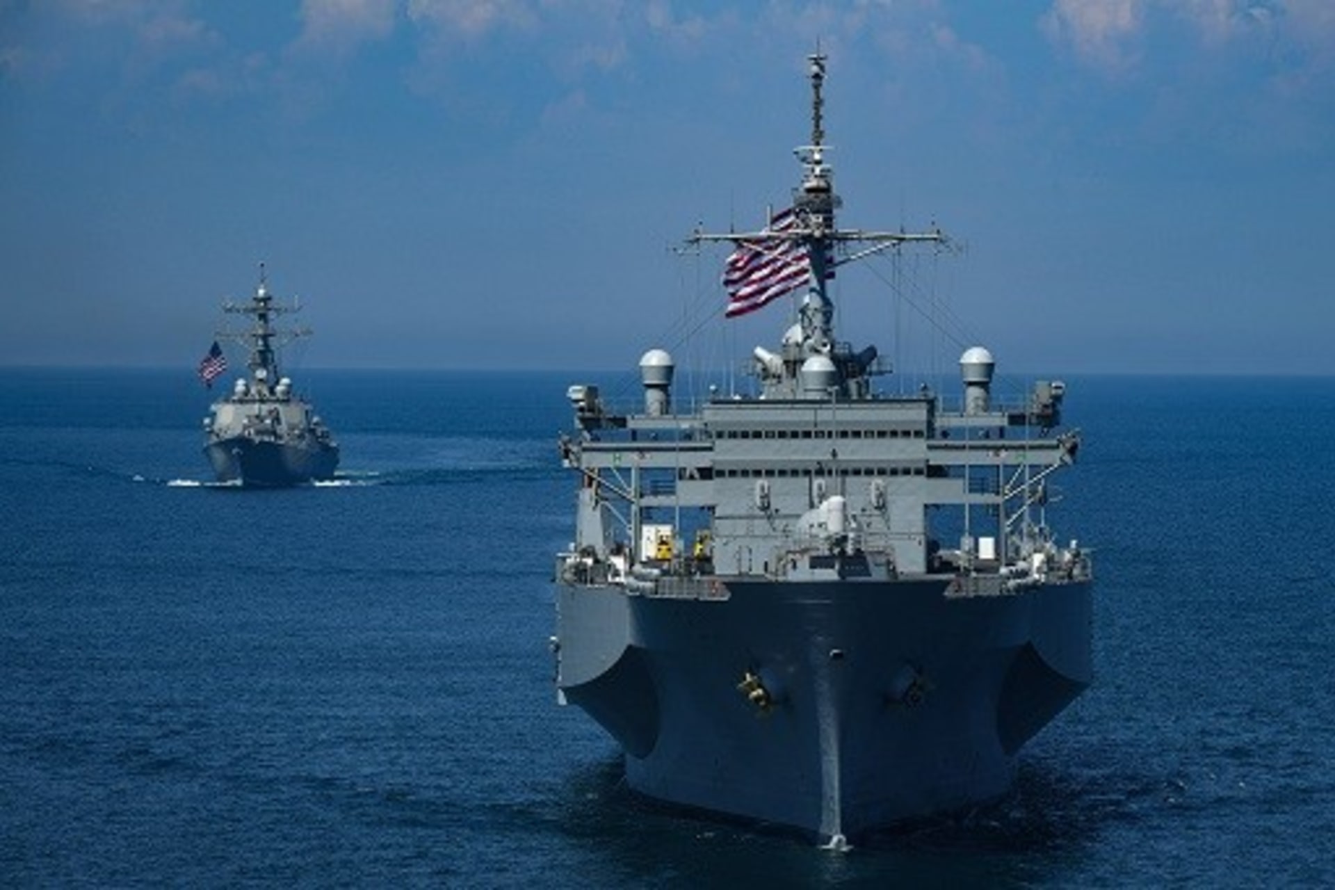 <p>The USS Porter and USS Mount Whitney sail in formation during a U.S.-Ukraine multinational maritime exercise in the Black Sea.</p>
