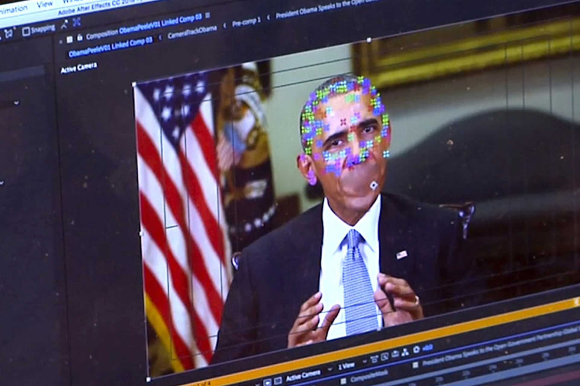 <p>This image made from video of a fake video featuring former President Barack Obama shows elements of facial mapping used in new technology that lets anyone make videos of real people appearing to say things they’ve never said.</p>
