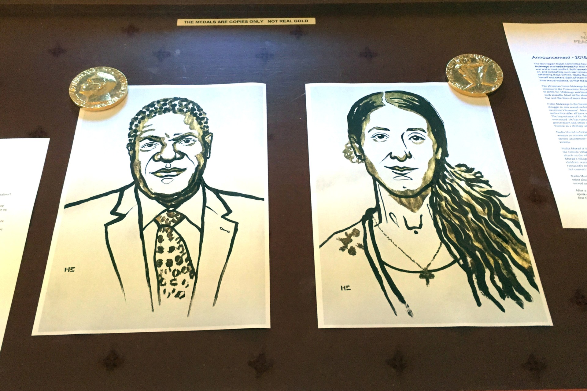 <p>Drawings of the Nobel Peace Prize winners Denis Mukwege and Nadia Murad are displayed in Oslo, Norway.</p>
