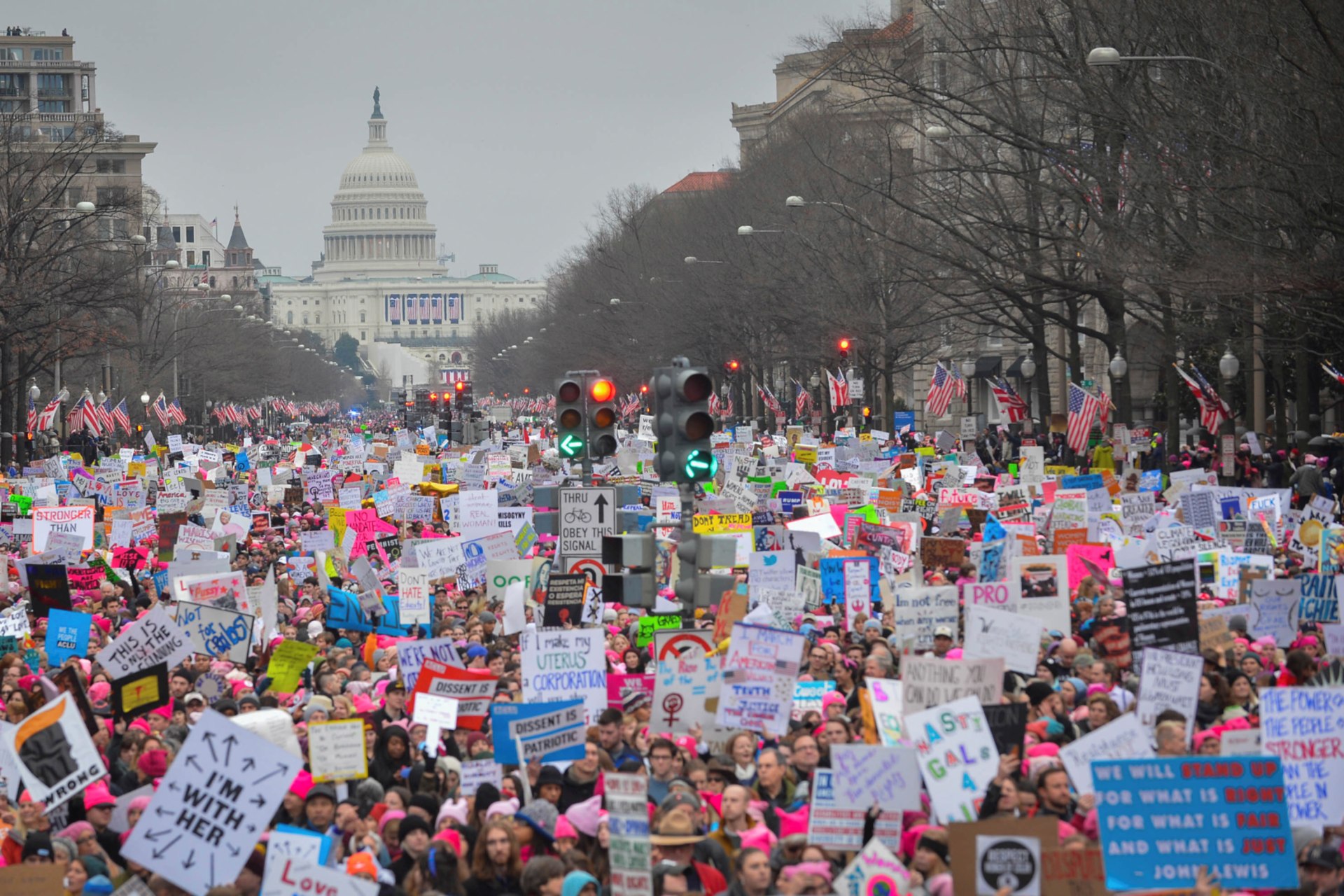 <p>Protesters march on Pennsylvania Avenue during the Women’s March in Washington, DC, United States. January 21, 2017.</p>
