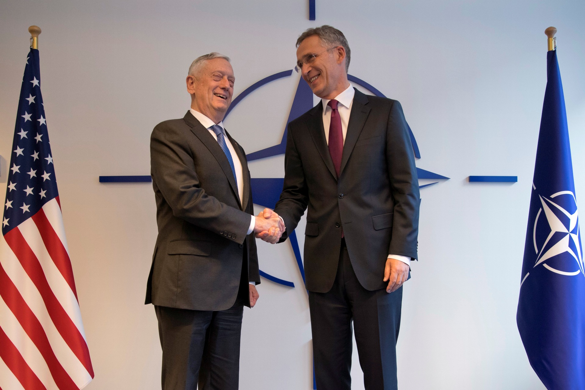 <p>U.S. Secretary of Defense James Mattis poses with NATO Secretary General Jens Stoltenberg during a NATO defence ministers meeting at the Alliance headquarters in Brussels, Belgium, October 3, 2018.</p>

