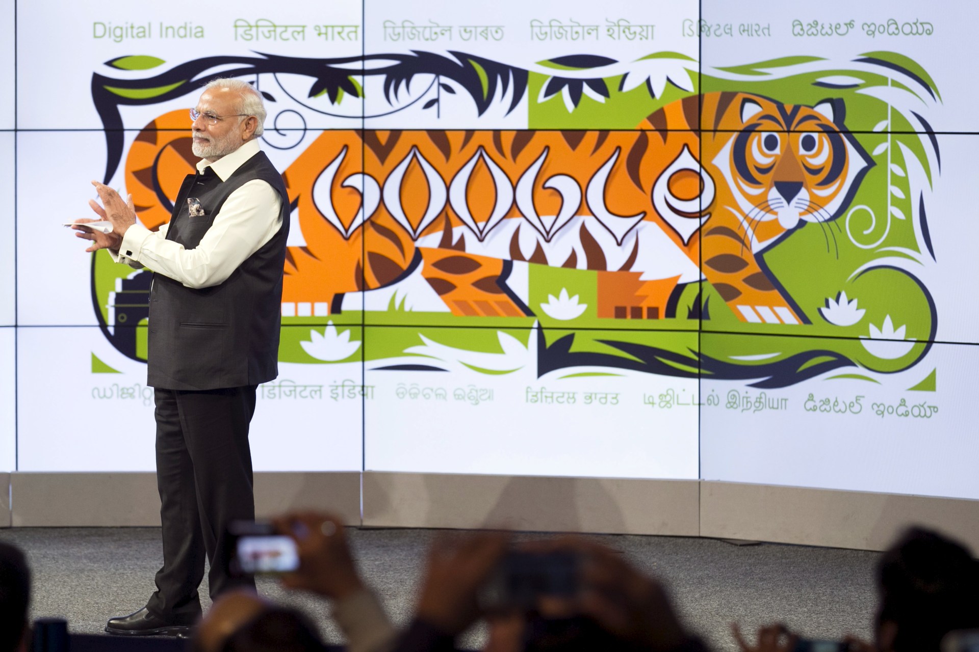 <p>India’s Prime Minister Narendra Modi waits to speak at the Google campus in Mountain View, California on September 27, 2015.</p>
