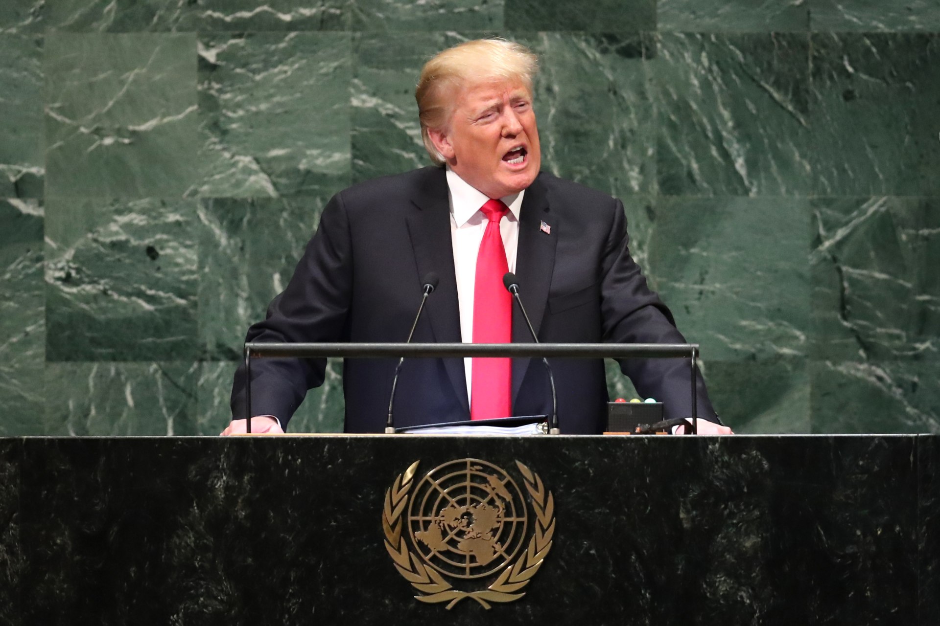 <p>U.S. President Donald J. Trump addresses the seventy-third session of the United Nations General Assembly in New York, on September 25, 2018. </p>