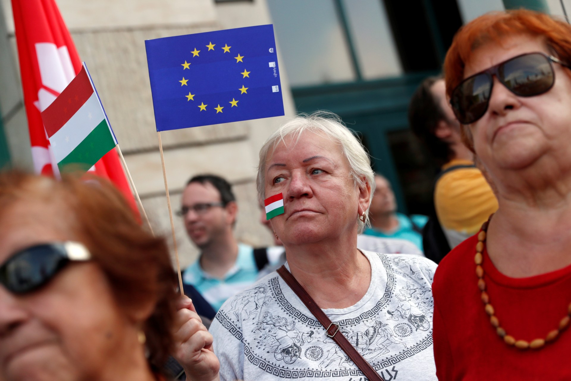 <p>Pro-EU demonstraters rally against the government of Prime Minister Viktor Orban in Budapest. </p>