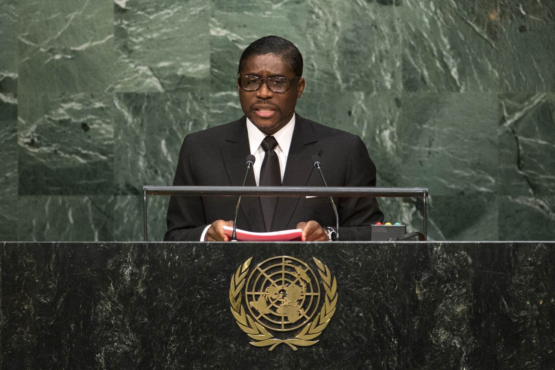 <p>Equatorial Guinea’s Second Vice-President Teodoro Nguema Obiang Mangue addresses attendees during the 70th session of the United Nations General Assembly at the UN Headquarters in New York, September 30, 2015.</p>