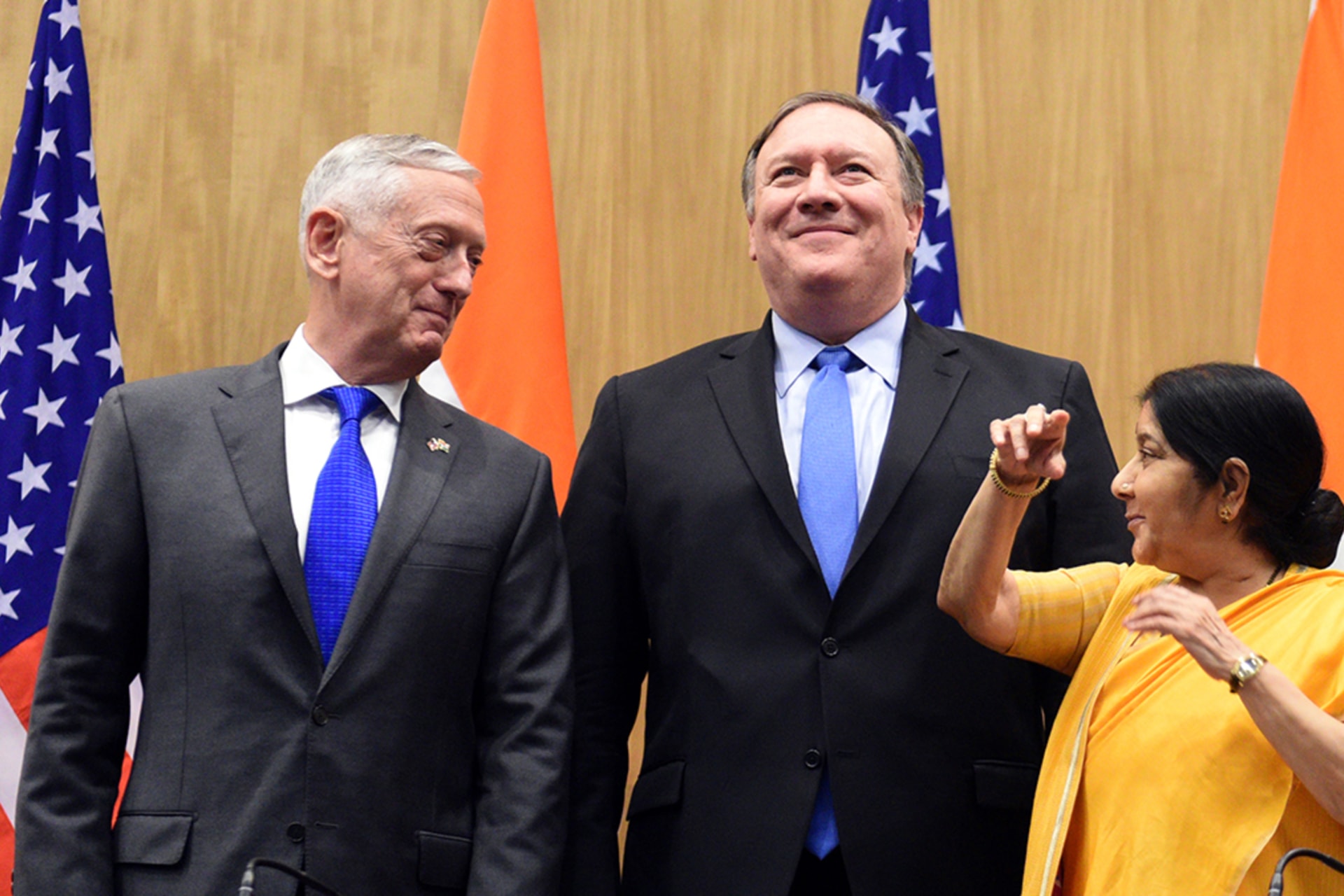 <p>External Affairs Minister Sushma Swaraj speaks with Secretary of Defense Jim Mattis and Secretary of State Mike Pompeo during their meeting in New Delhi. </p>