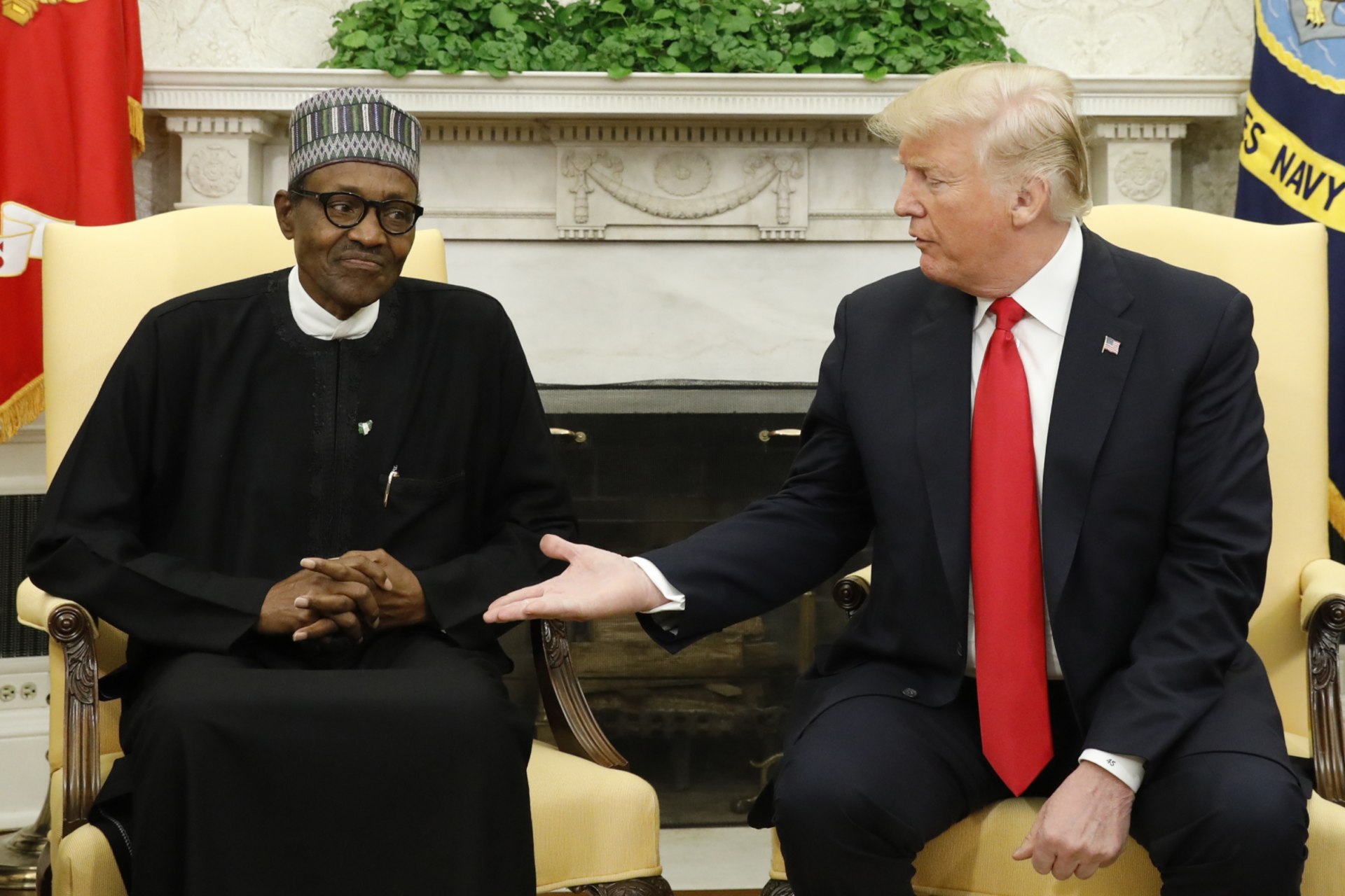<p>U.S. President Donald Trump meets with Nigeria’s President Muhammadu Buhari in the Oval Office of the White House in Washington, U.S., April 30, 2018.</p>