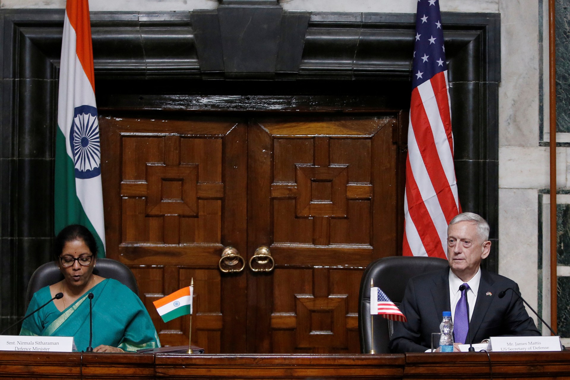<p>India’s Defense Minister Nirmala Sitharaman speaks as U.S. Defense Secretary Jim Mattis looks on during a joint news conference in New Delhi, India, September 26, 2017.</p>
