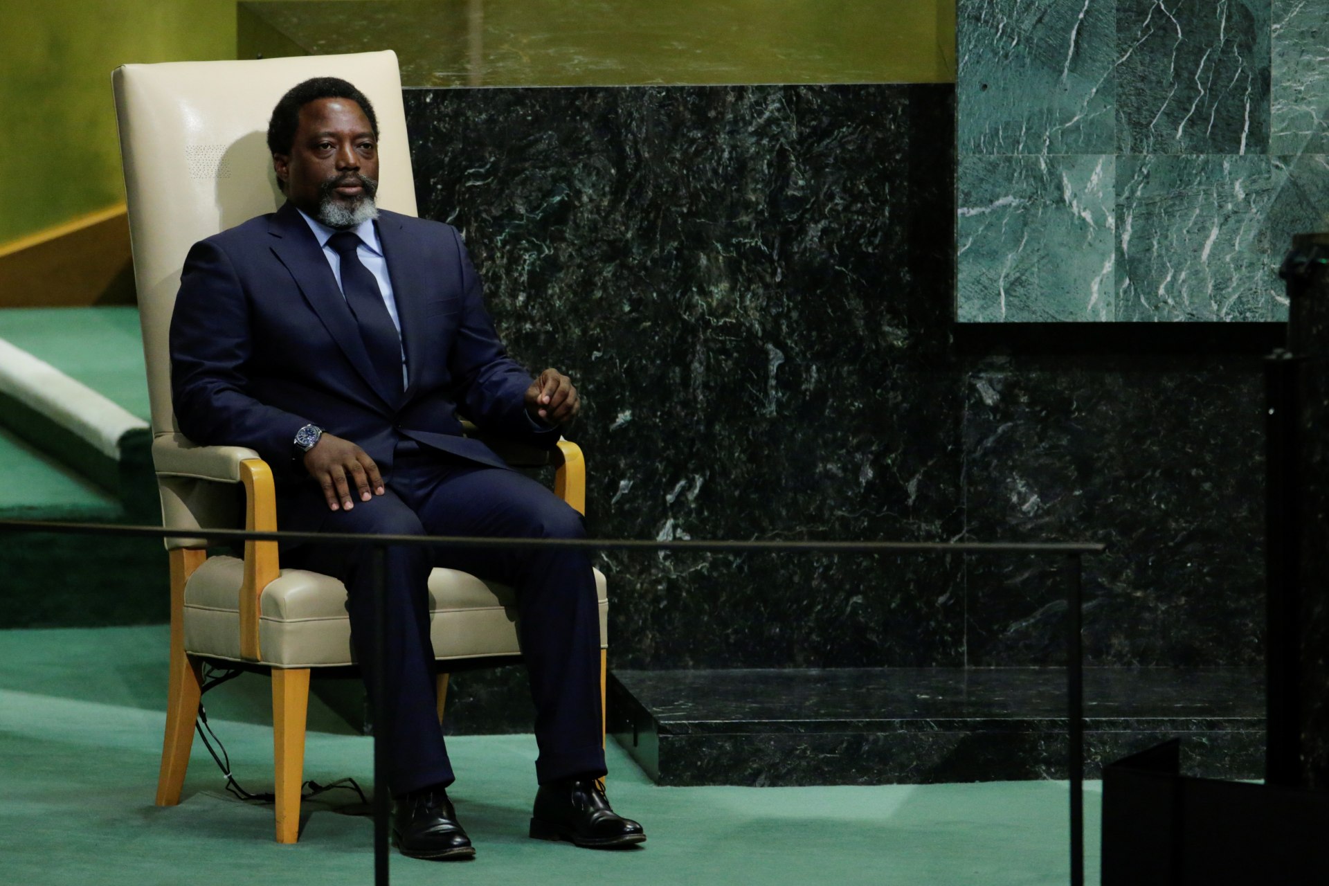 <p>President Joseph Kabila of the Democratic Republic of the Congo sits in the chair reserved for heads of state before addressing the 72nd United Nations General Assembly at UN headquarters in New York, September 23, 2017. </p>