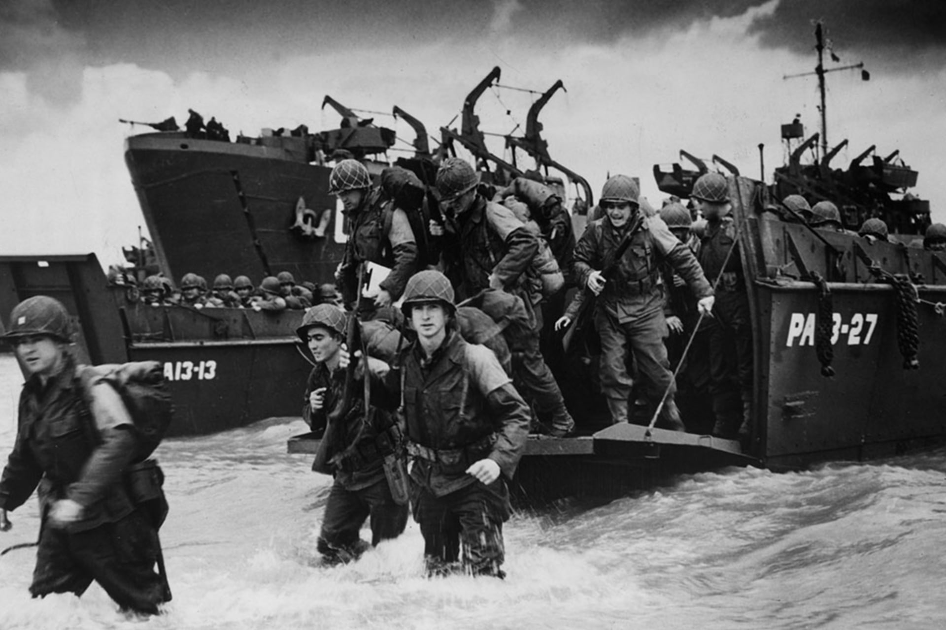 <p>Troops disembark from a barge during the allied landings in Normandy, France, on June 6, 1944. The landings were a turning point in the allied campaign against Nazi Germany in World War II.</p>