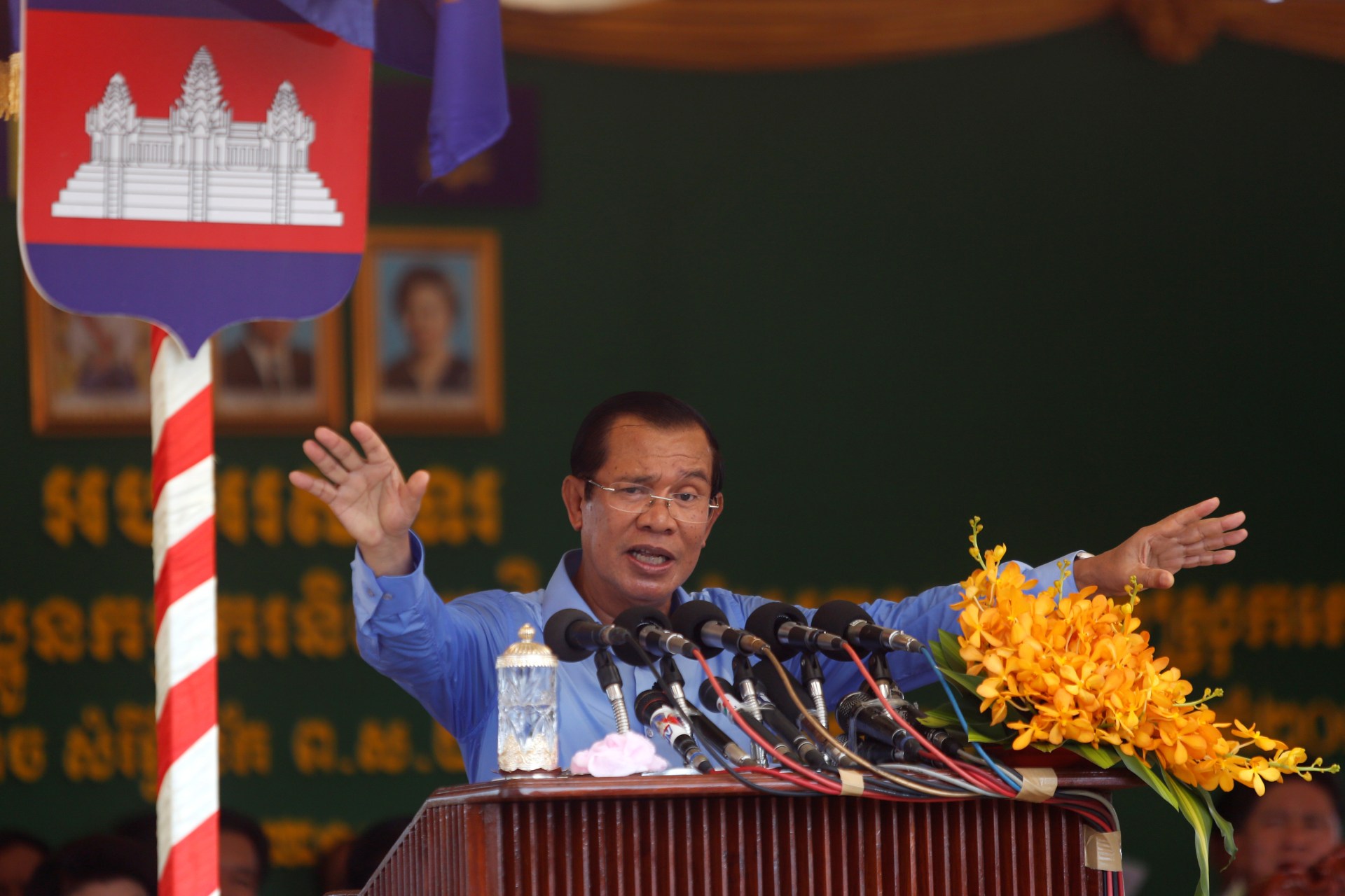 <p>Cambodia’s Prime Minister Hun Sen attends a rally in with garment workers in Kandal province, Cambodia, on May 30, 2018. </p>

