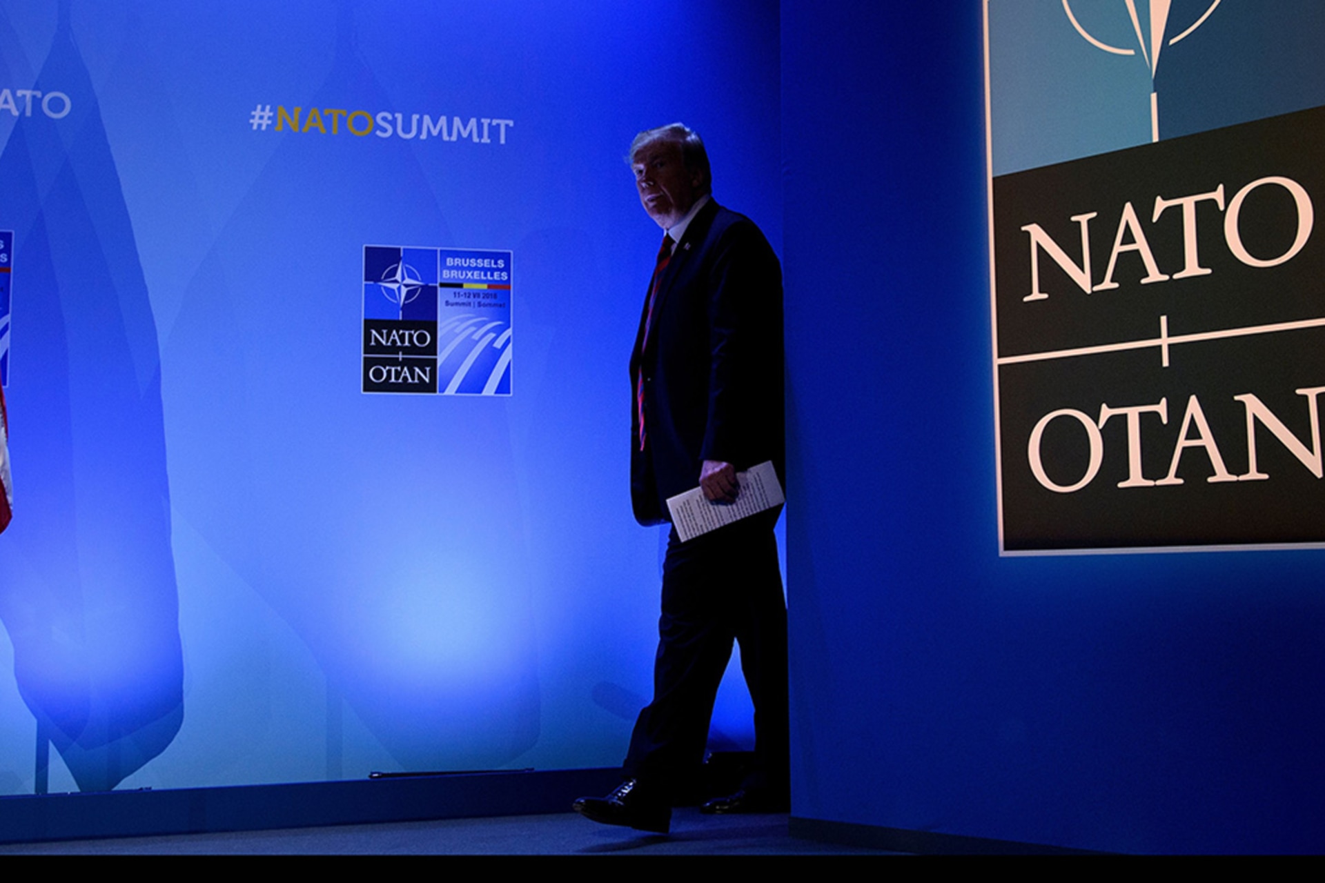 <p>U.S. President Donald Trump arrives for a press conference on the second day of the NATO summit in Brussels on July 12, 2018. </p>
