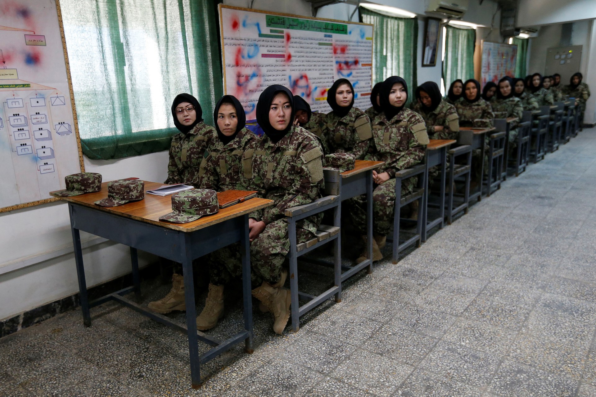 <p>Female soldiers from the Afghan National Army during a lesson at the Kabul Military Training Centre in Kabul, Afghanistan. October 23, 2016. </p>
