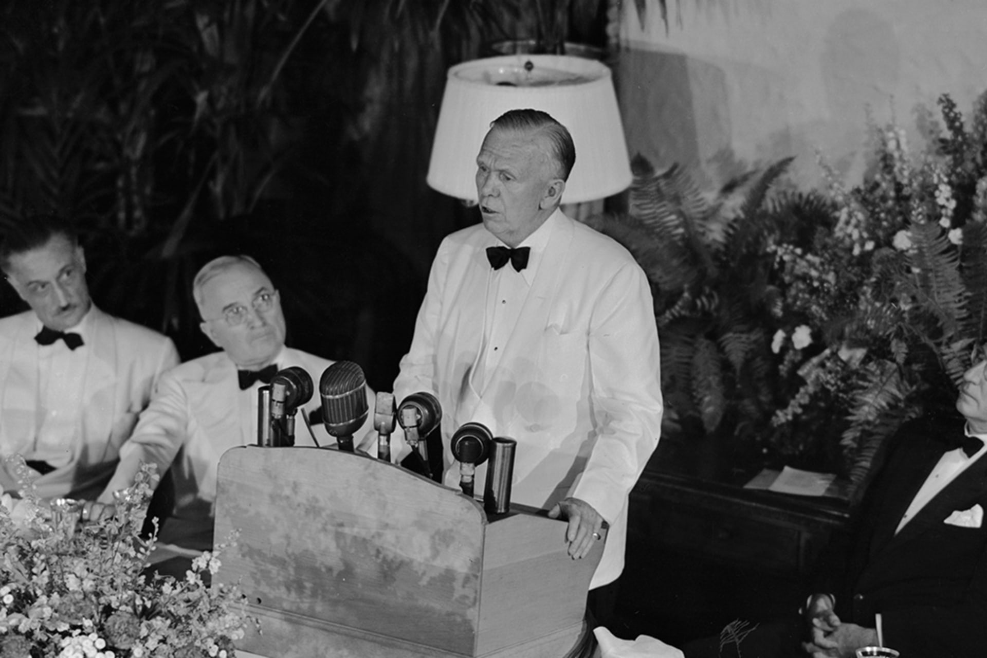 <p>Former Secretary of State George C. Marshall, speaking on the second anniversary of his address at Harvard University, in which he outlined the ‘Marshall Plan’ for the economic recovery of Europe. </p>