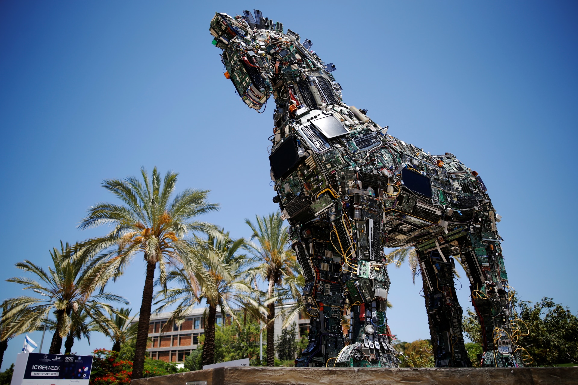 <p>A “Cyber Horse”, made from thousands of infected computer and cell phone bits, is displayed at the entrance to the annual Cyberweek conference at Tel Aviv University, Israel on June 20, 2016.</p>