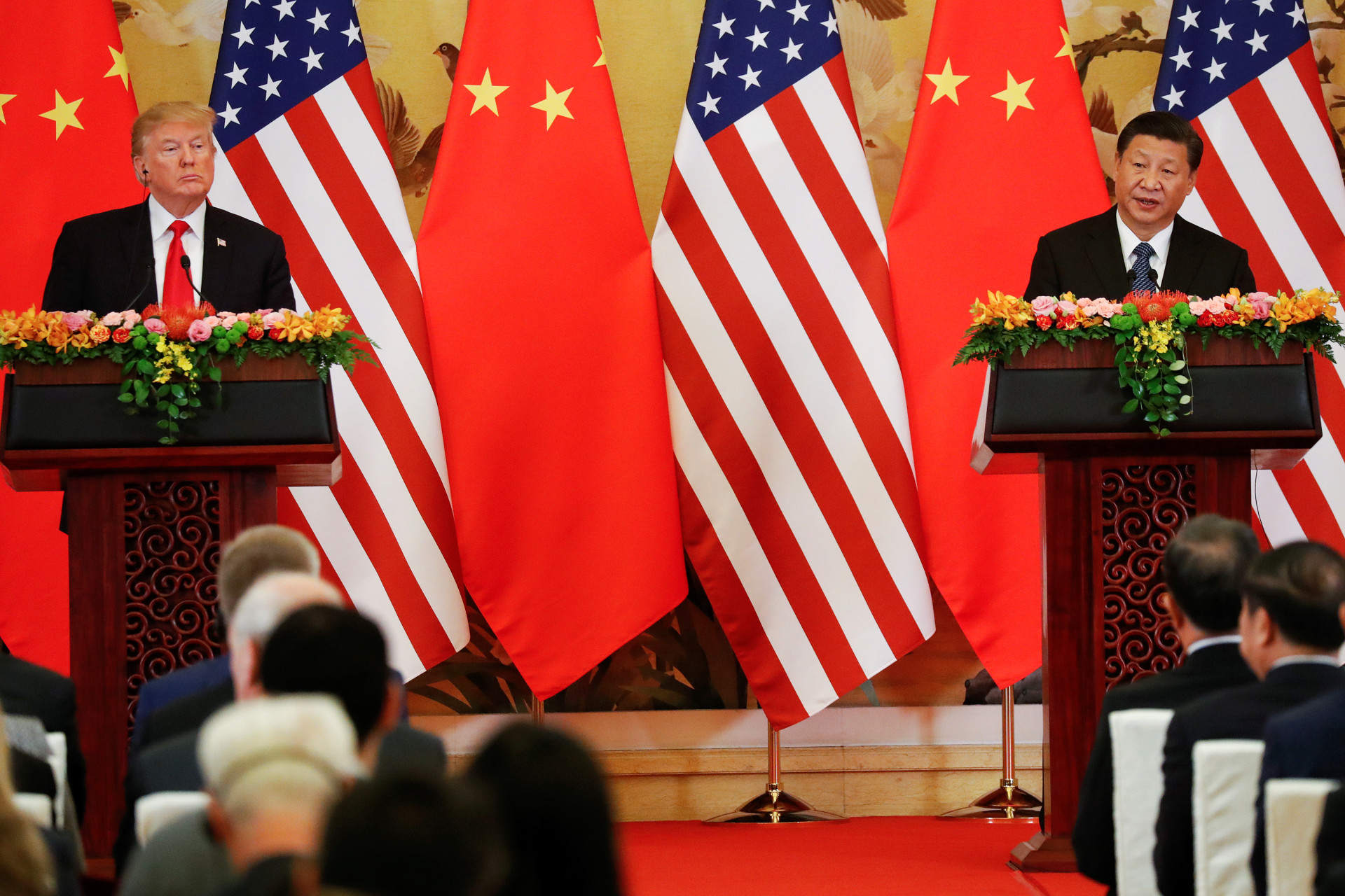 <p>U.S. President Donald Trump and China’s President Xi Jinping make joint statements at the Great Hall of the People in Beijing, China, November 9, 2017</p>