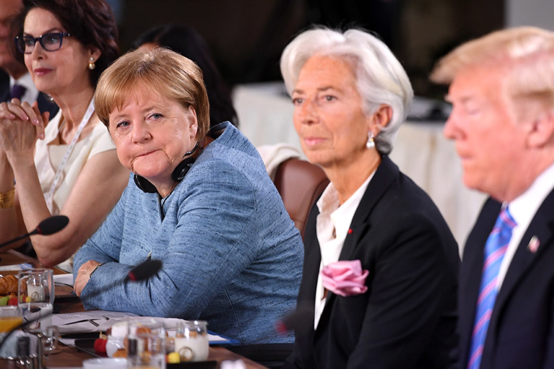 <p>German Chancellor Angela Merkel looks towards U.S. President Donald J. Trump on the second day of the G7 summit on June 9, 2018 in Quebec City, Canada. </p>
