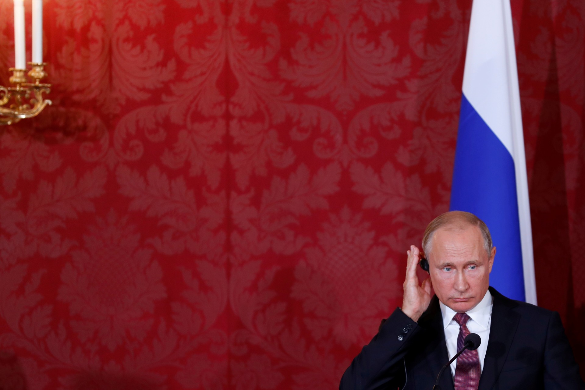 <p>Russia’s President Vladimir Putin gestures during a joint news conference with Austria’s President Alexander Van der Bellen in Vienna, Austria June 5, 2018</p>