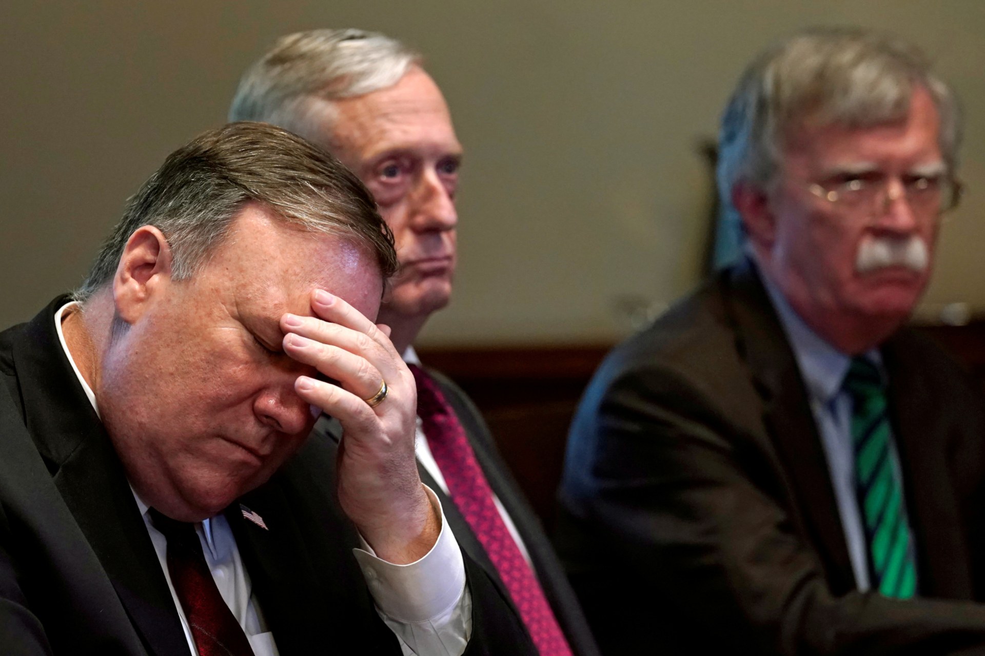 <p>From left, U.S. Secretary of State Mike Pompeo, Secretary of Defense James Mattis and National Security Adviser John Bolton attend a meeting between U.S. President Donald Trump and NATO Secretary General Jens Stoltenberg at the White House in Washington. </p>
