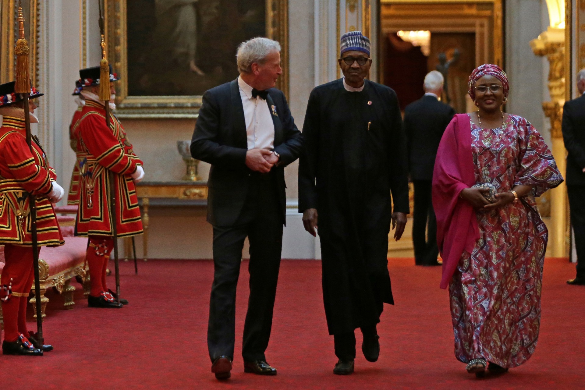 <p>Nigeria’s President Muhammadu Buhari arrives to attend The Queen’s Dinner during The Commonwealth Heads of Government Meeting (CHOGM), at Buckingham Palace in London on April 19, 2018. </p>