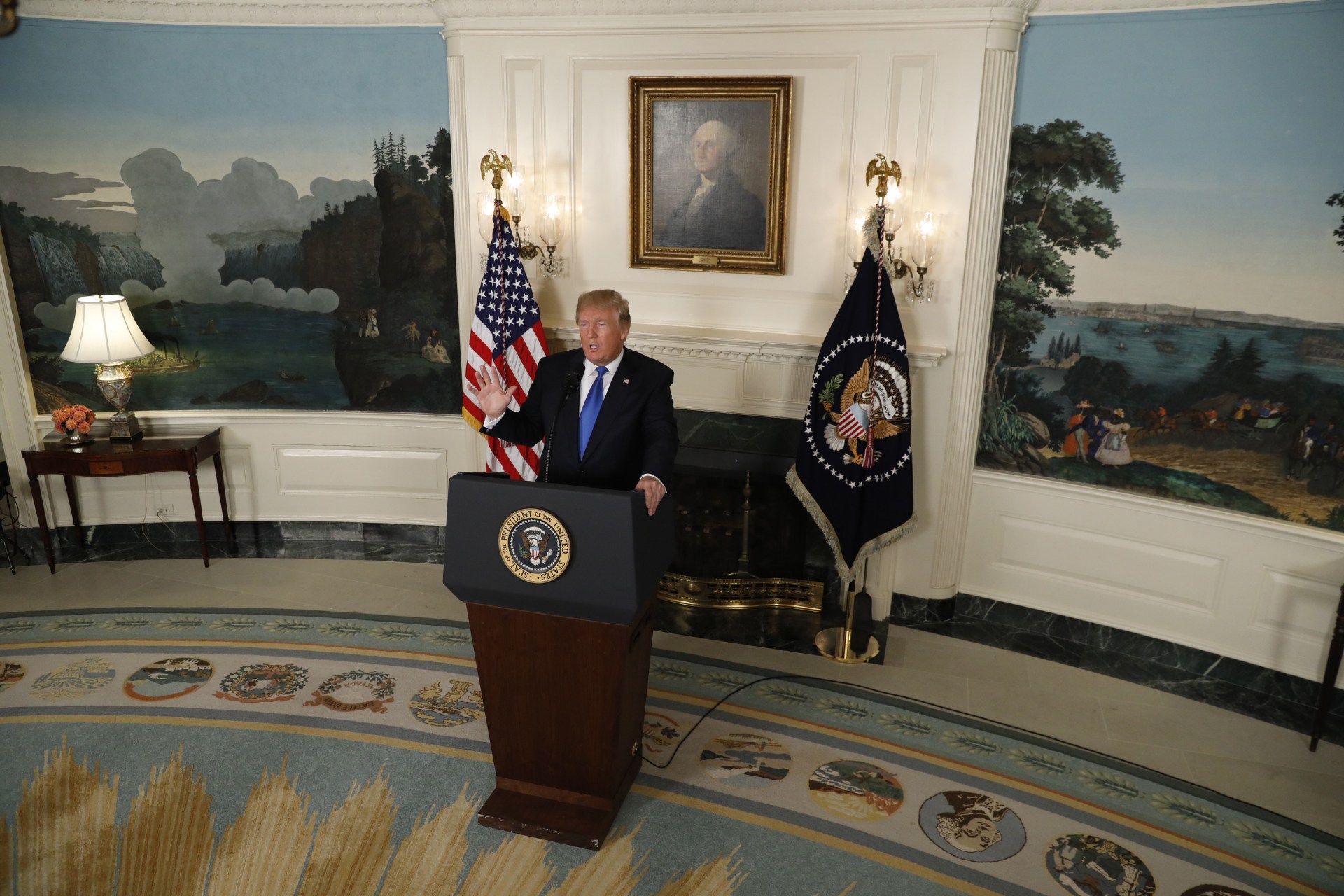 <p>President Trump speaks about the Iran nuclear agreement at the White House in October 2017.</p>