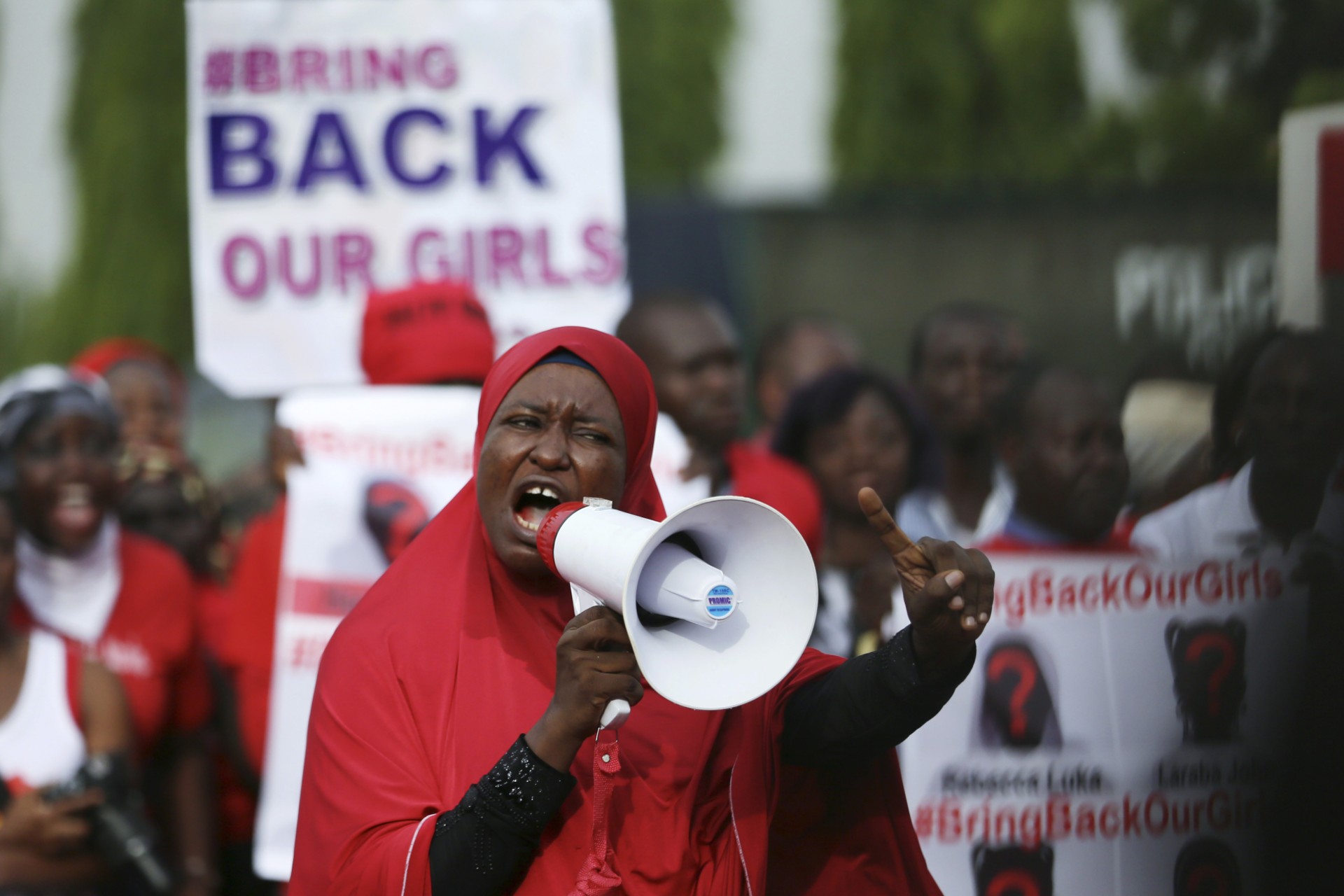 <p>A protester at a “Bring Back Our Girls” protest as they march to the presidential villa to deliver a letter to Nigeria’s President Goodluck Jonathan in Abuja, calling for the release of schoolgirls from Chibok kidnapped by Boko Haram, May 22, 2014. </p>