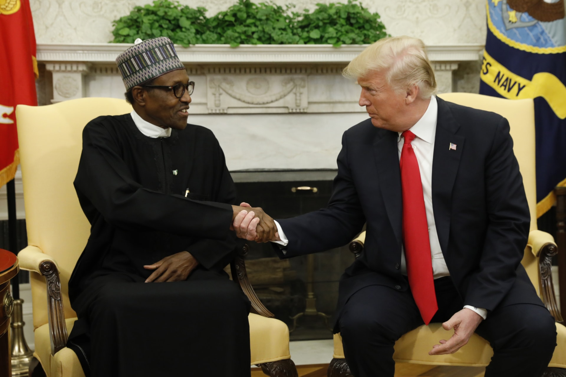 <p>U.S. President Donald Trump meets with Nigeria’s President Muhammadu Buhari in the Oval Office of the White House in Washington, U.S., April 30, 2018.</p>