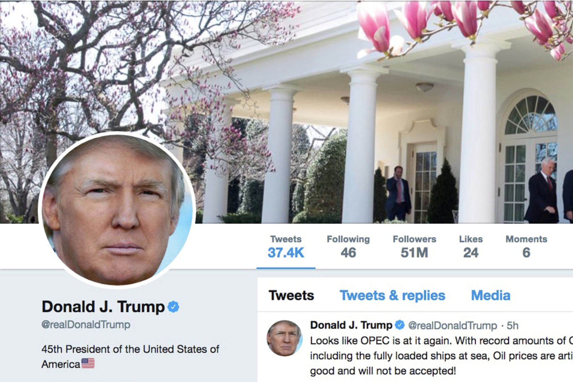 <p>“The masthead of U.S. President Donald Trump’s @realDonaldTrump Twitter account with a message about OPEC policy is seen on April 20, 2018.”</p>