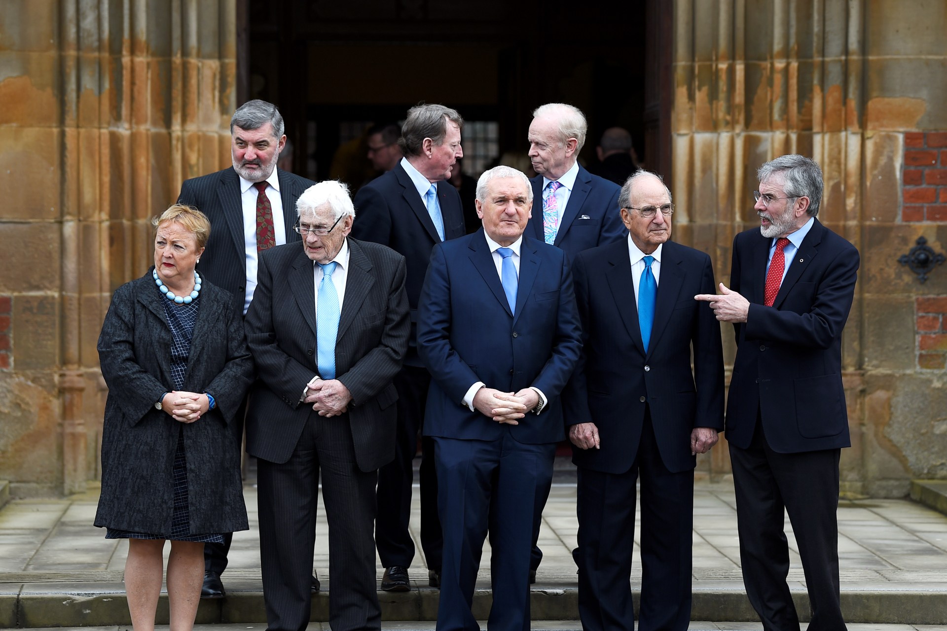 <p>Good Friday Agreement negotiators stand for a group photograph at an event to celebrate the 20th anniversary of the Peace Talks. Belfast, April 10, 2018. </p>
