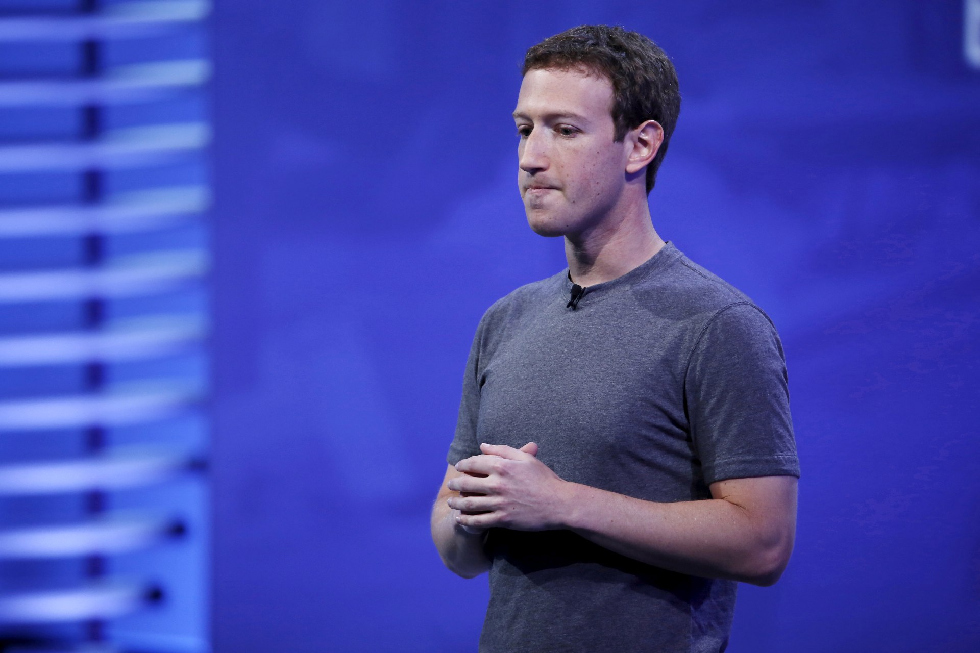 <p>Facebook CEO Mark Zuckerberg speaks on stage during the Facebook F8 conference in San Francisco on April 12, 2016.</p>
