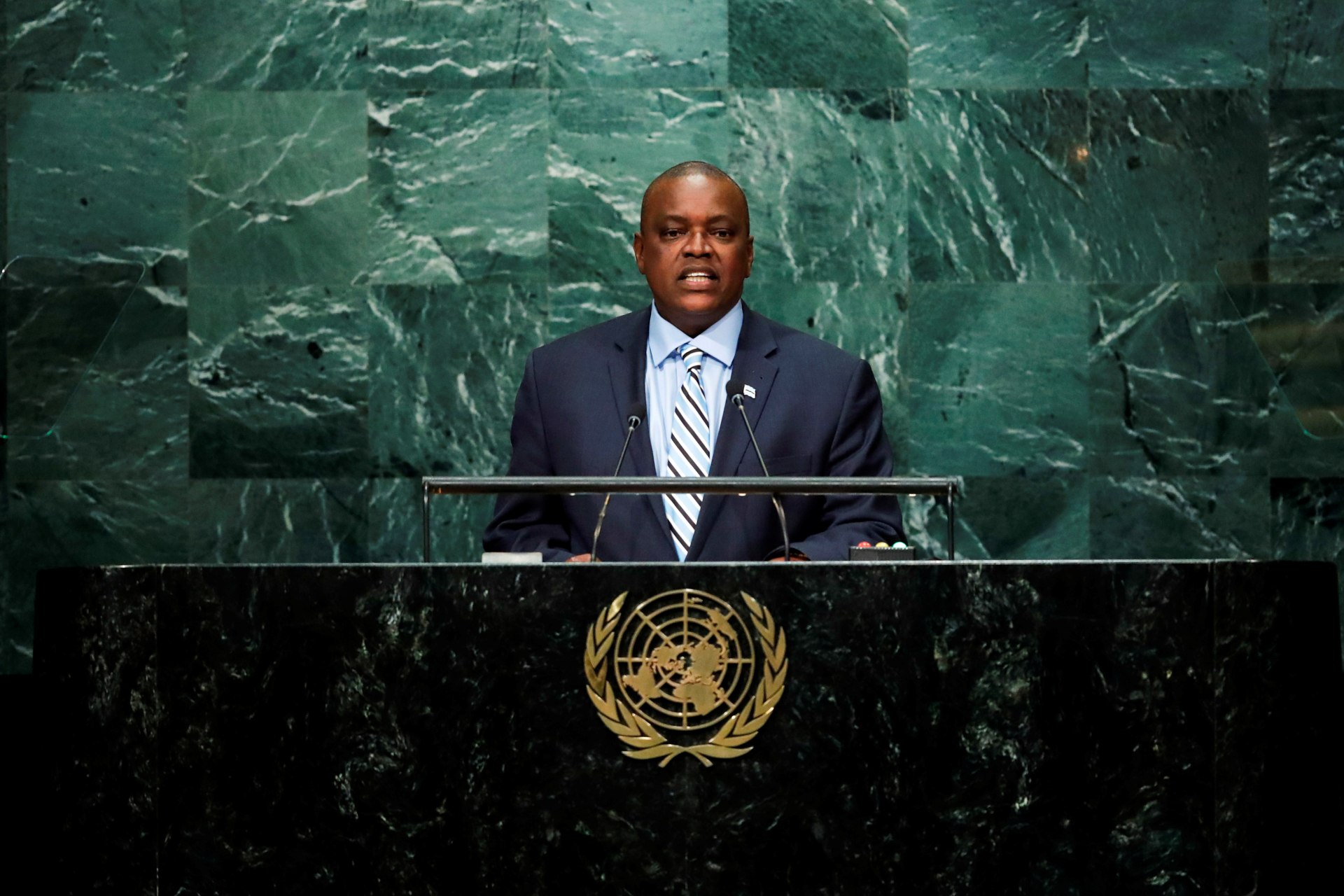 <p>Botswana’s then Vice President Mokgweetsi Masisi addresses the United Nations General Assembly in the Manhattan borough of New York, USA, September 23, 2016. Masisi took the oath of office on April 1, 2018.</p>