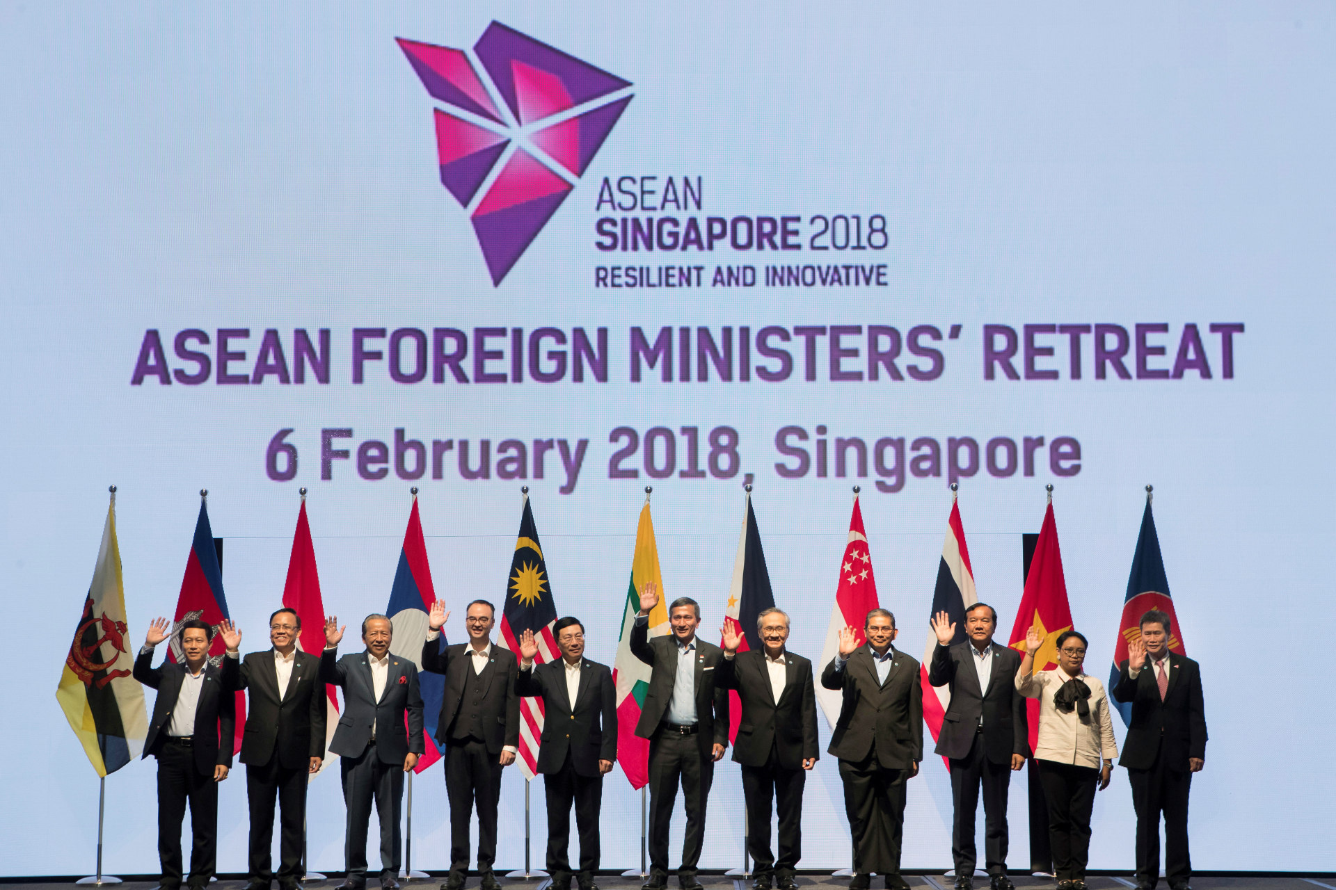 <p>Foreign ministers pose for a group photo at the Association of Southeast Asian Nations (ASEAN) Foreign Ministers’ Meeting retreat in Singapore on February 6, 2018.</p>
