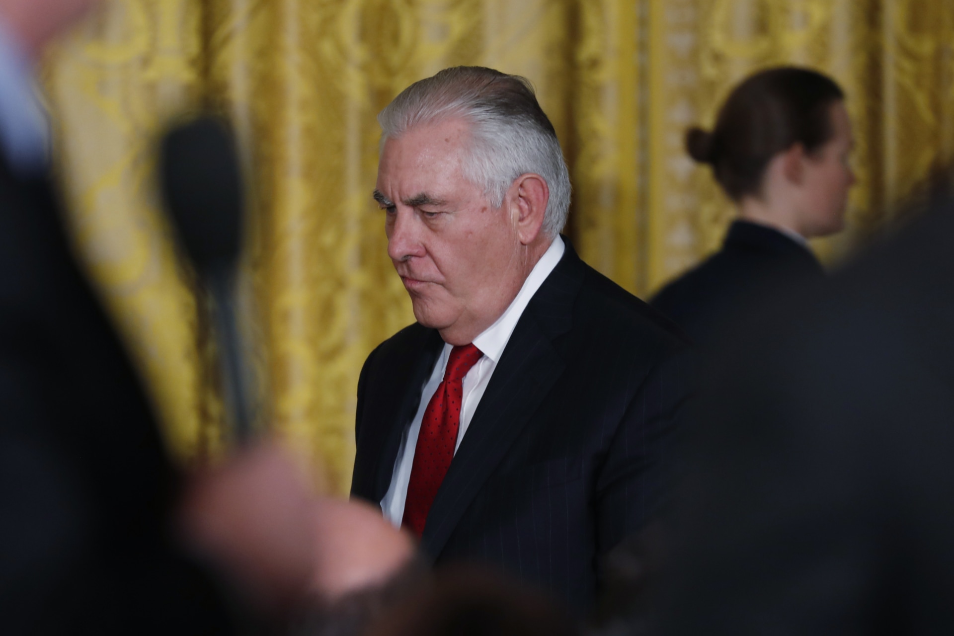 <p>U.S. Secretary of State Rex Tillerson arrives for a joint news conference in the East Room of the White House in Washington, U.S., February 23, 2018.</p>